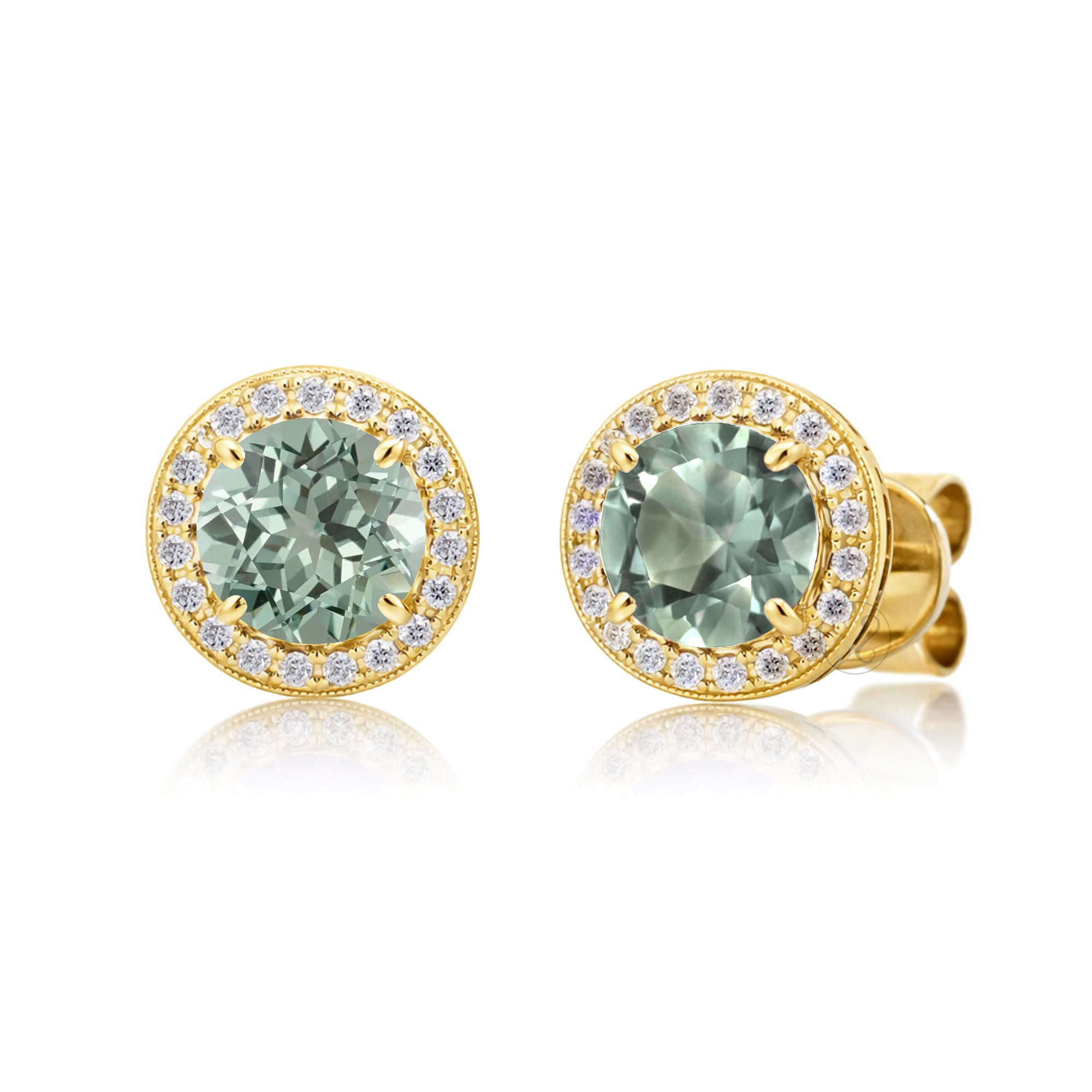 Green sapphire stud earrings with pave diamond halo with push backs in yellow gold