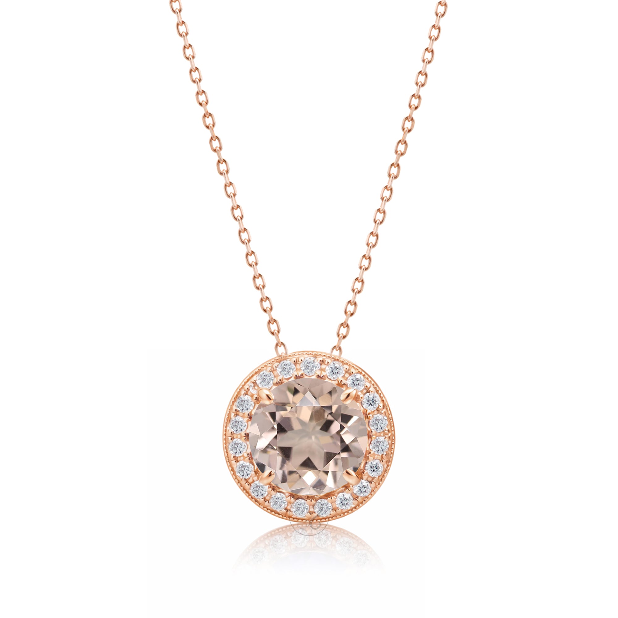 Morganite pendant necklace with pave diamond halo with a cable chain in rose gold