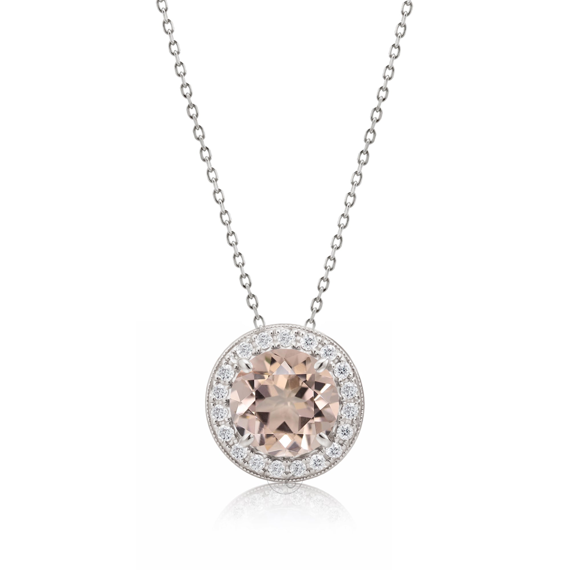 Morganite pendant necklace with pave diamond halo with a cable chain in white gold