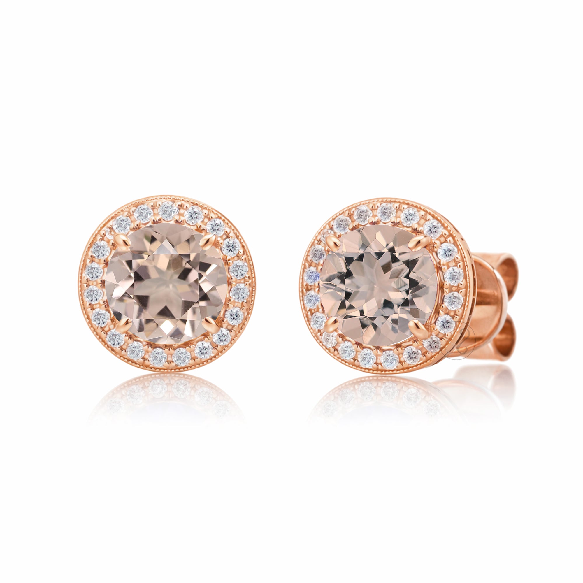 Morganite stud earrings with pave diamond halo with push backs in rose gold