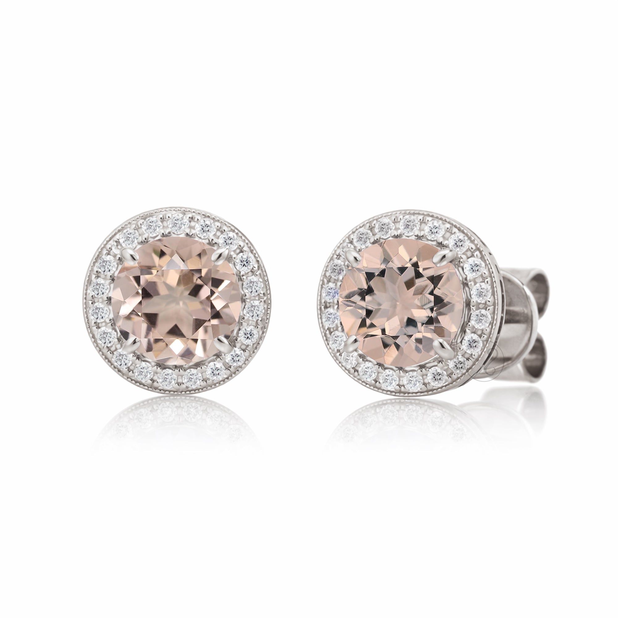Morganite stud earrings with pave diamond halo with push backs in white gold