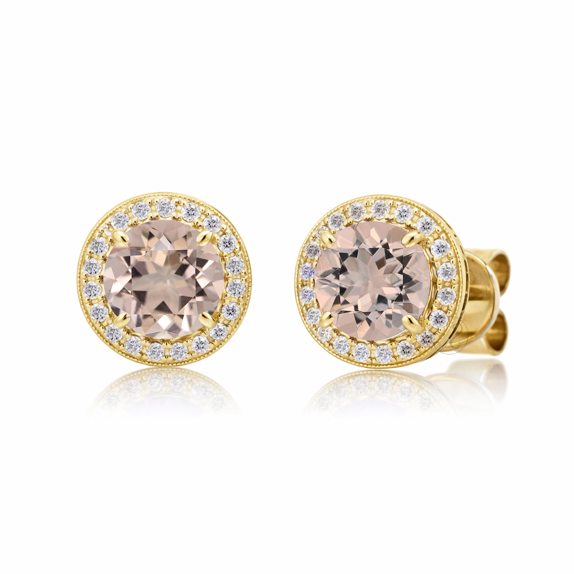 Morganite stud earrings with pave diamond halo with push backs in yellow gold