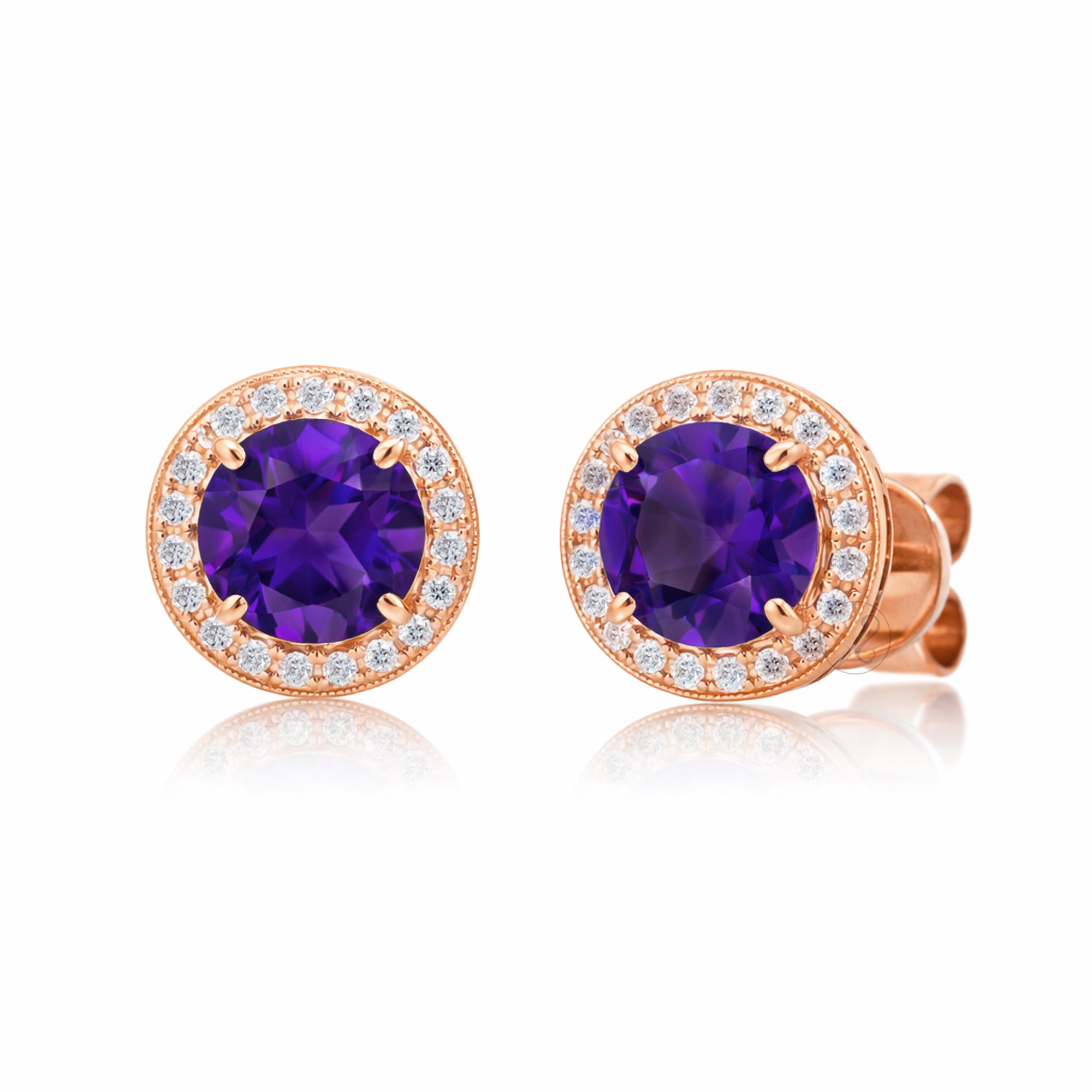 Amethyst Studs Round Pave Diamond Halo Earrings