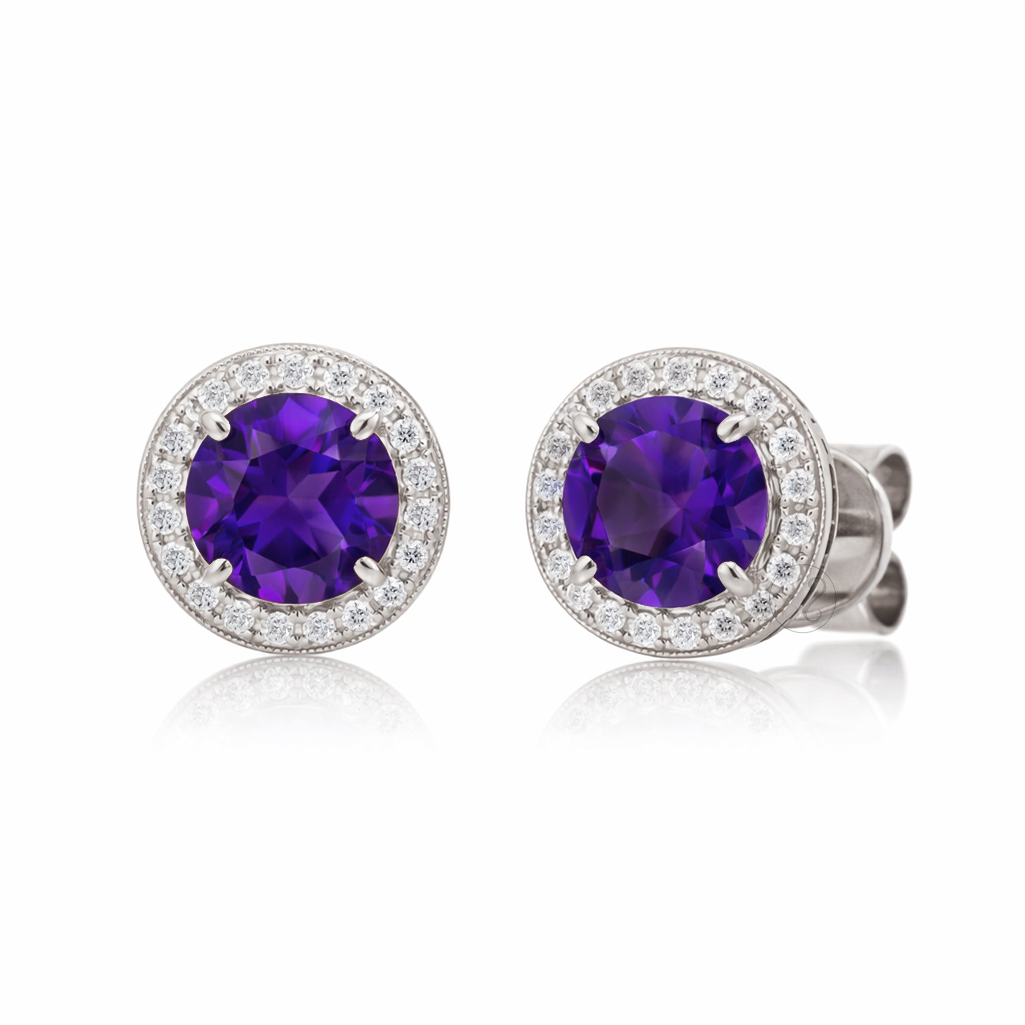Amethyst Studs Round Pave Diamond Halo Earrings