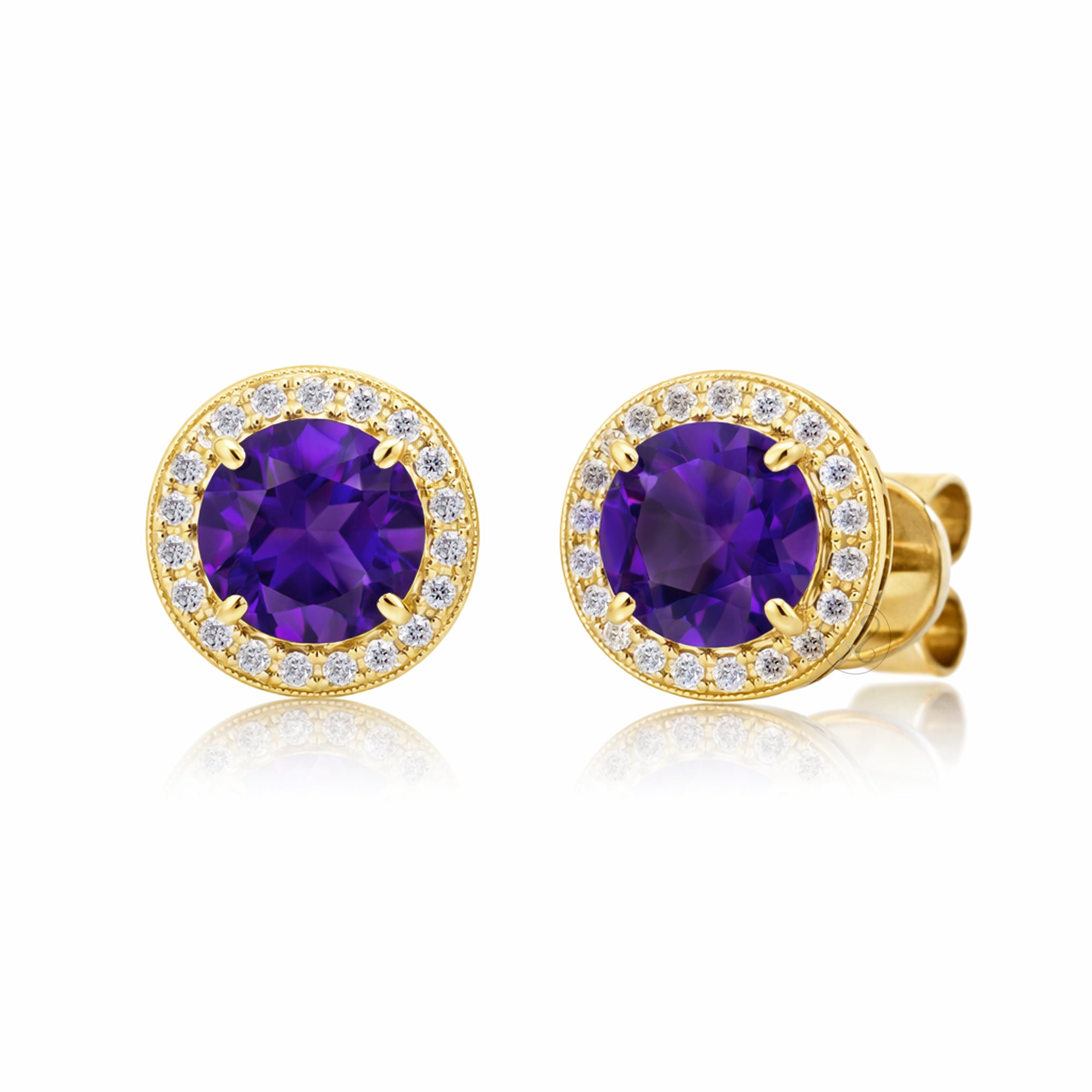 Amethyst Studs Round Pave Diamond Halo Earrings