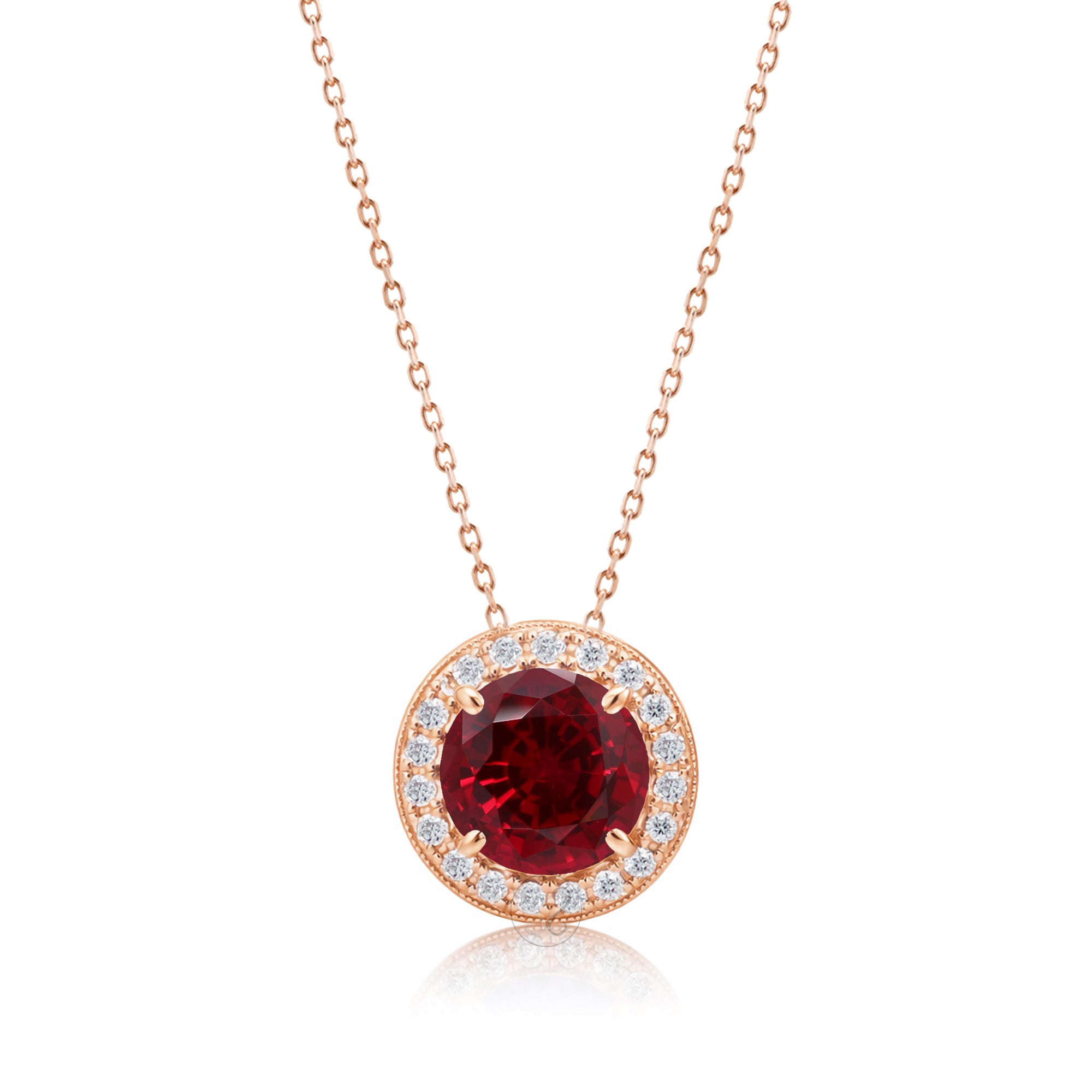 Ruby pendant necklace with pave diamond halo with a cable chain in rose gold