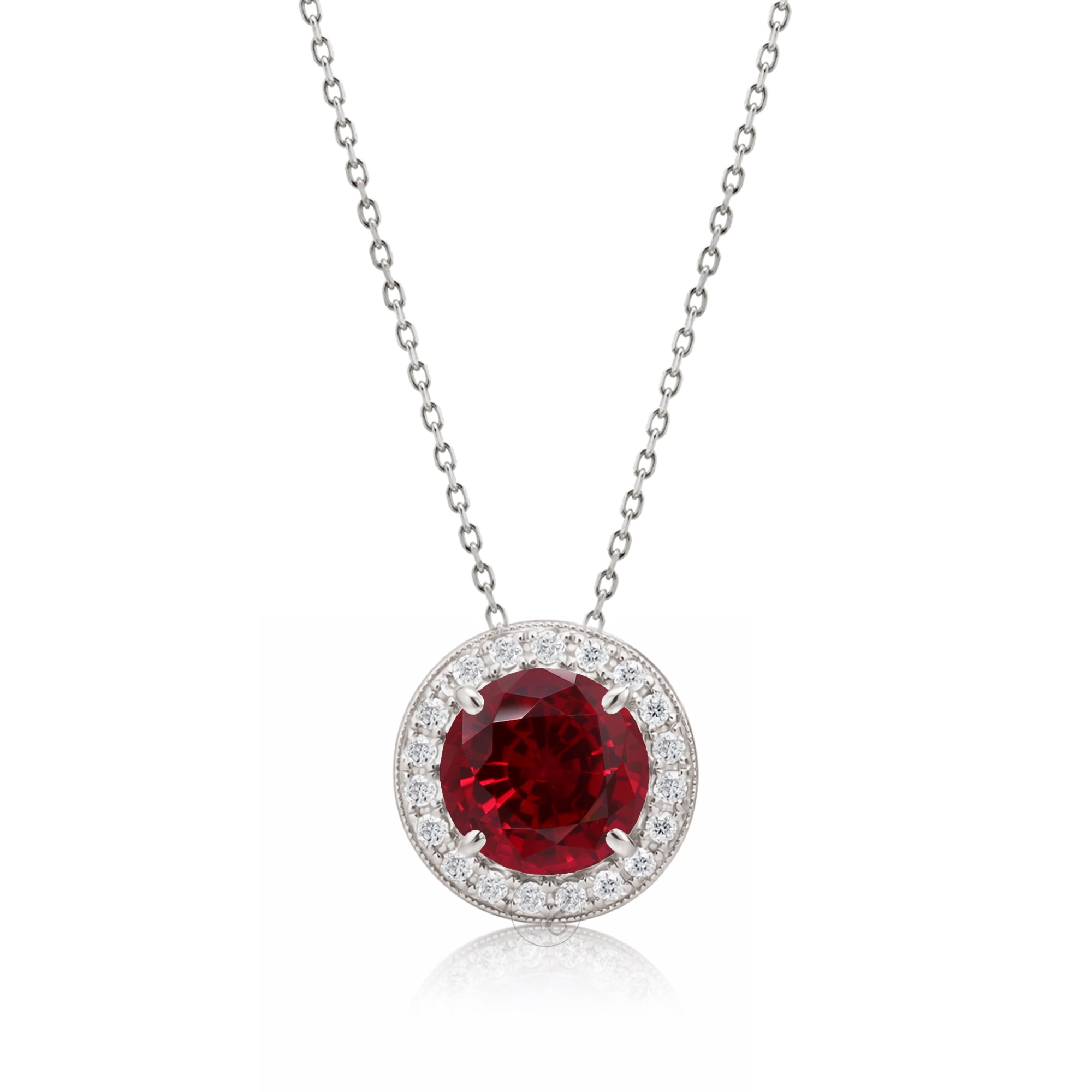 Ruby pendant necklace with pave diamond halo with a cable chain in white gold