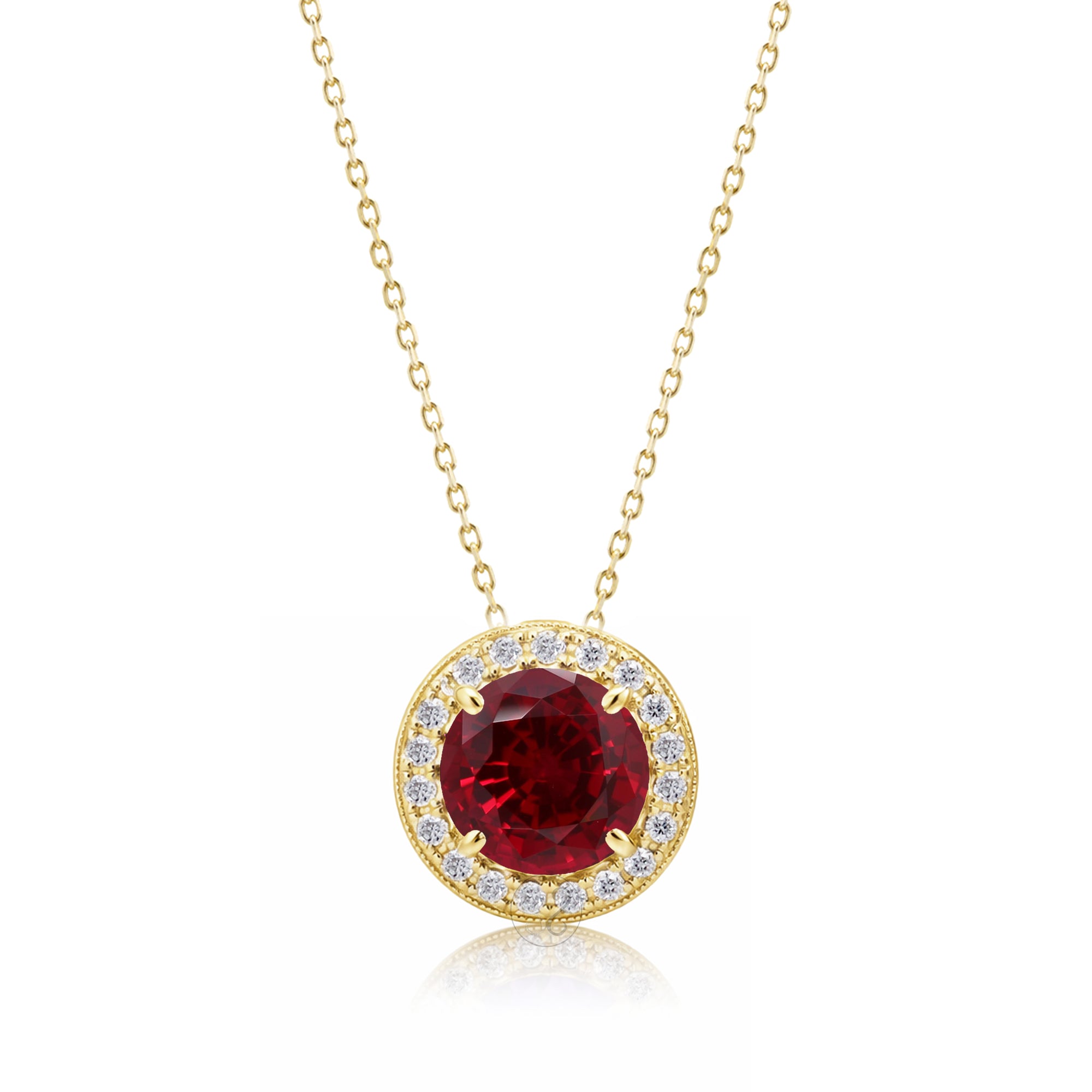 Ruby pendant necklace with pave diamond halo with a cable chain in yellow gold