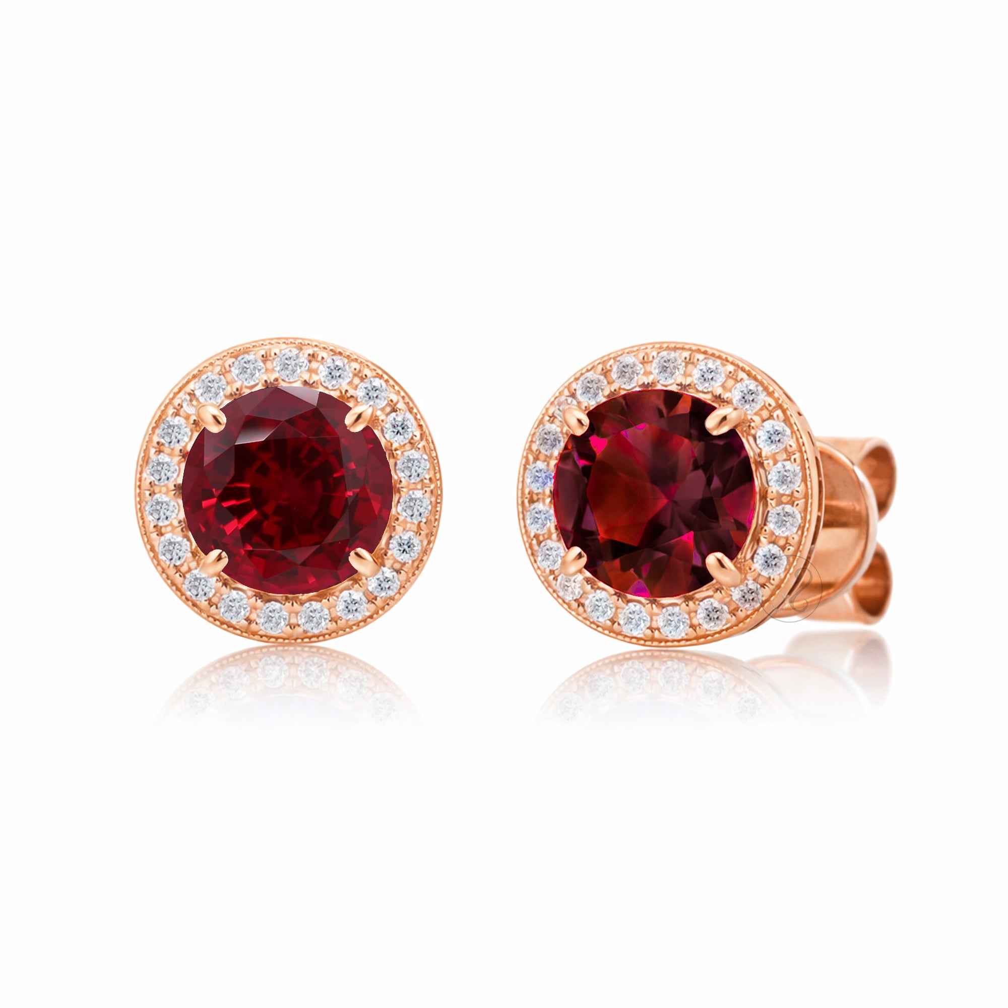 Ruby stud earrings with pave diamond halo with push backs in rose gold