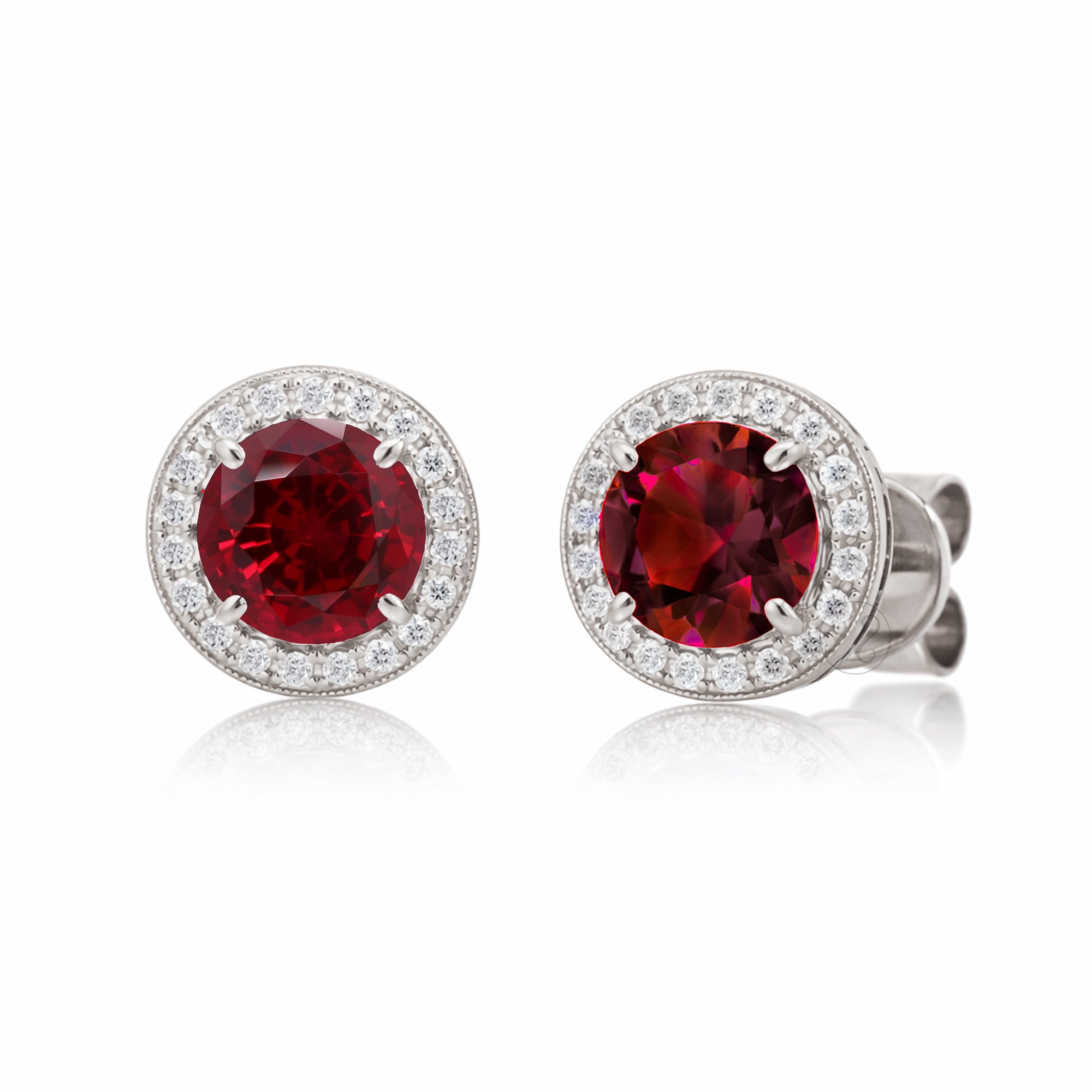 Ruby stud earrings with pave diamond halo with push backs in white gold