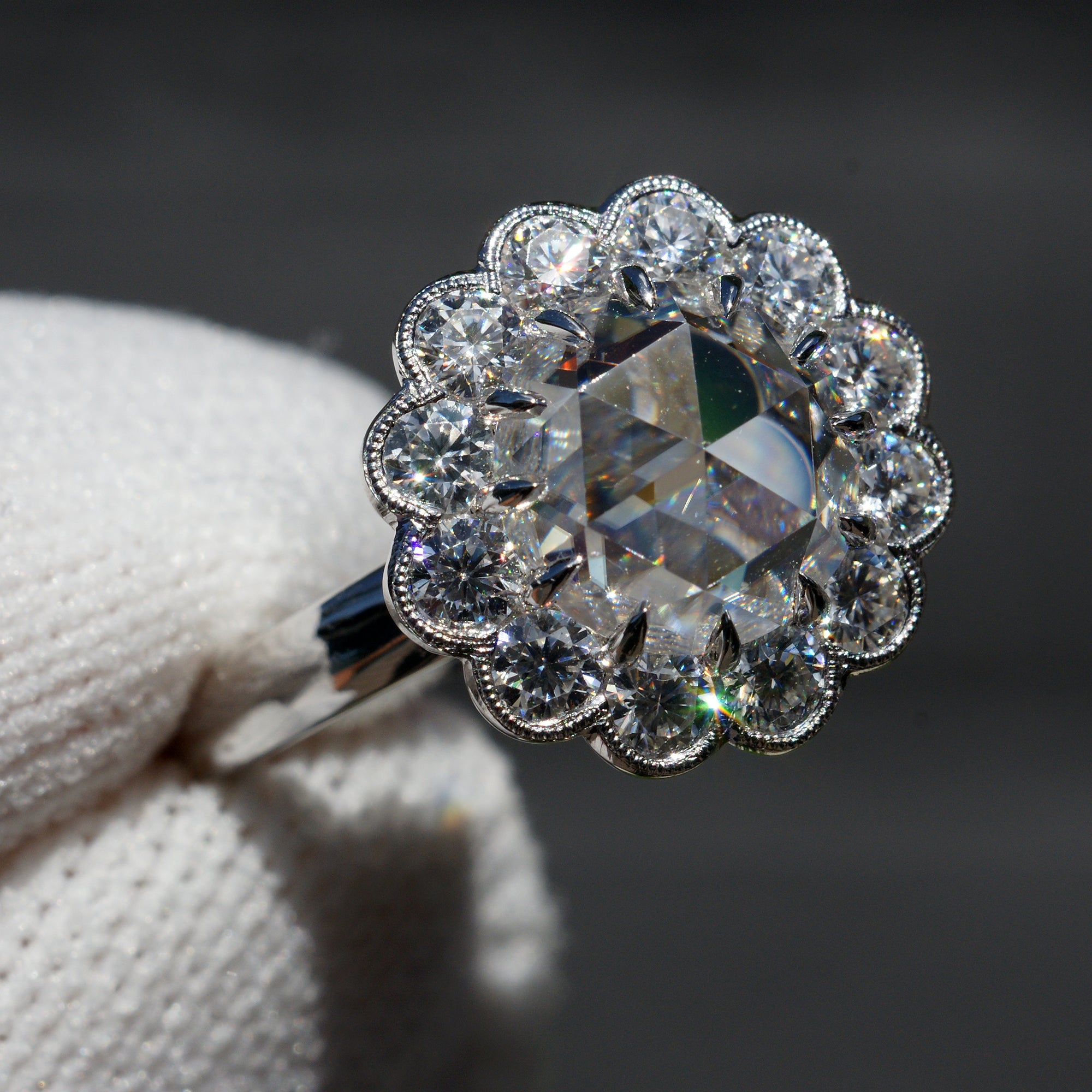 Rose cut moissanite set in a floral diamond halo ring - the Catherine