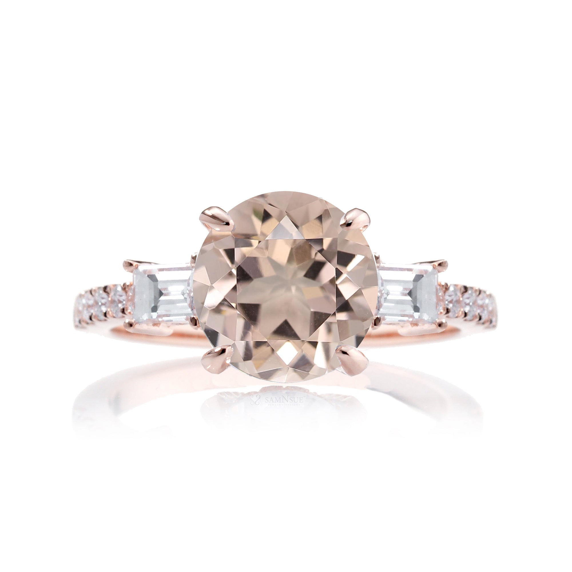 Morganite three stone baguette diamond engagement ring rose gold