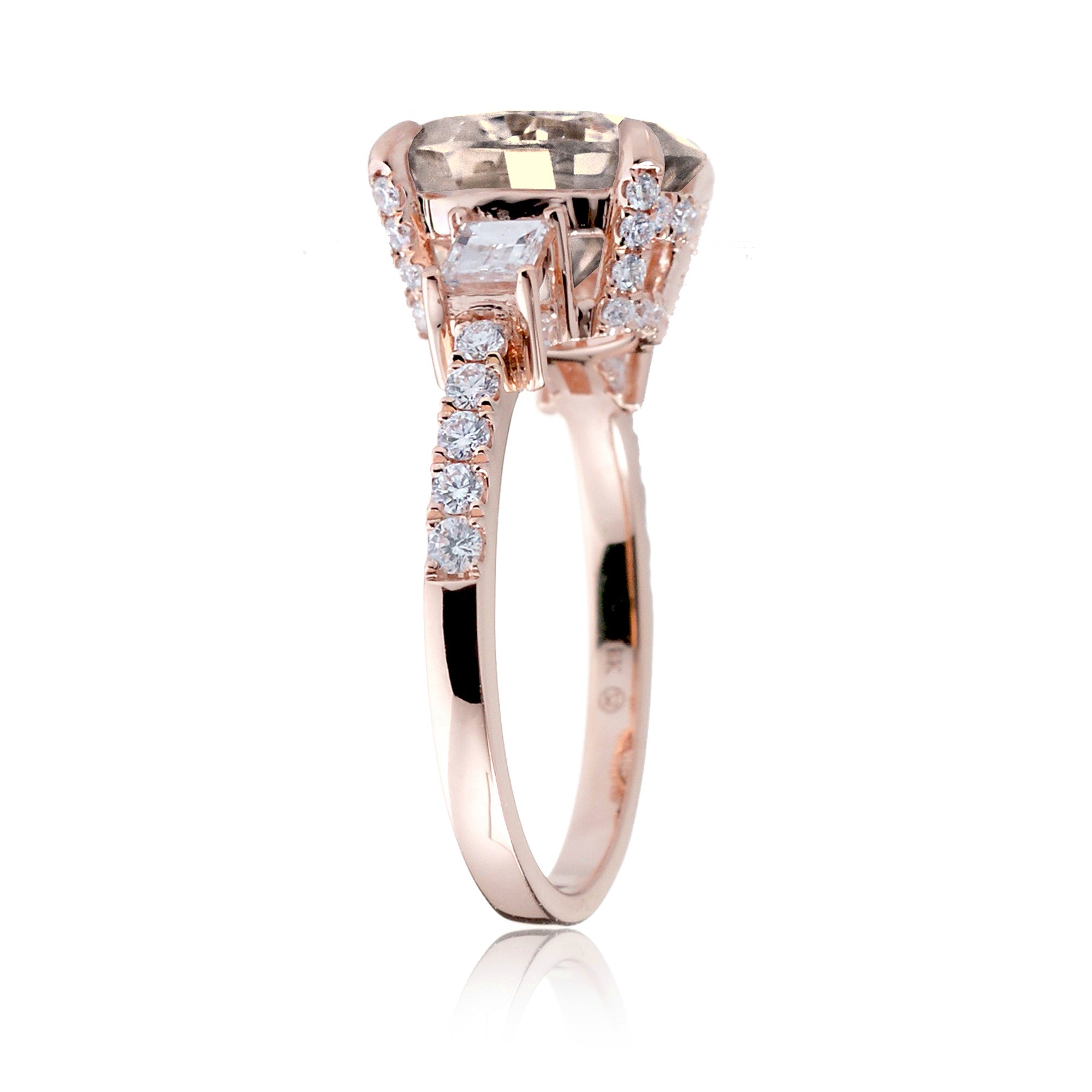 Morganite three stone baguette diamond engagement ring rose gold