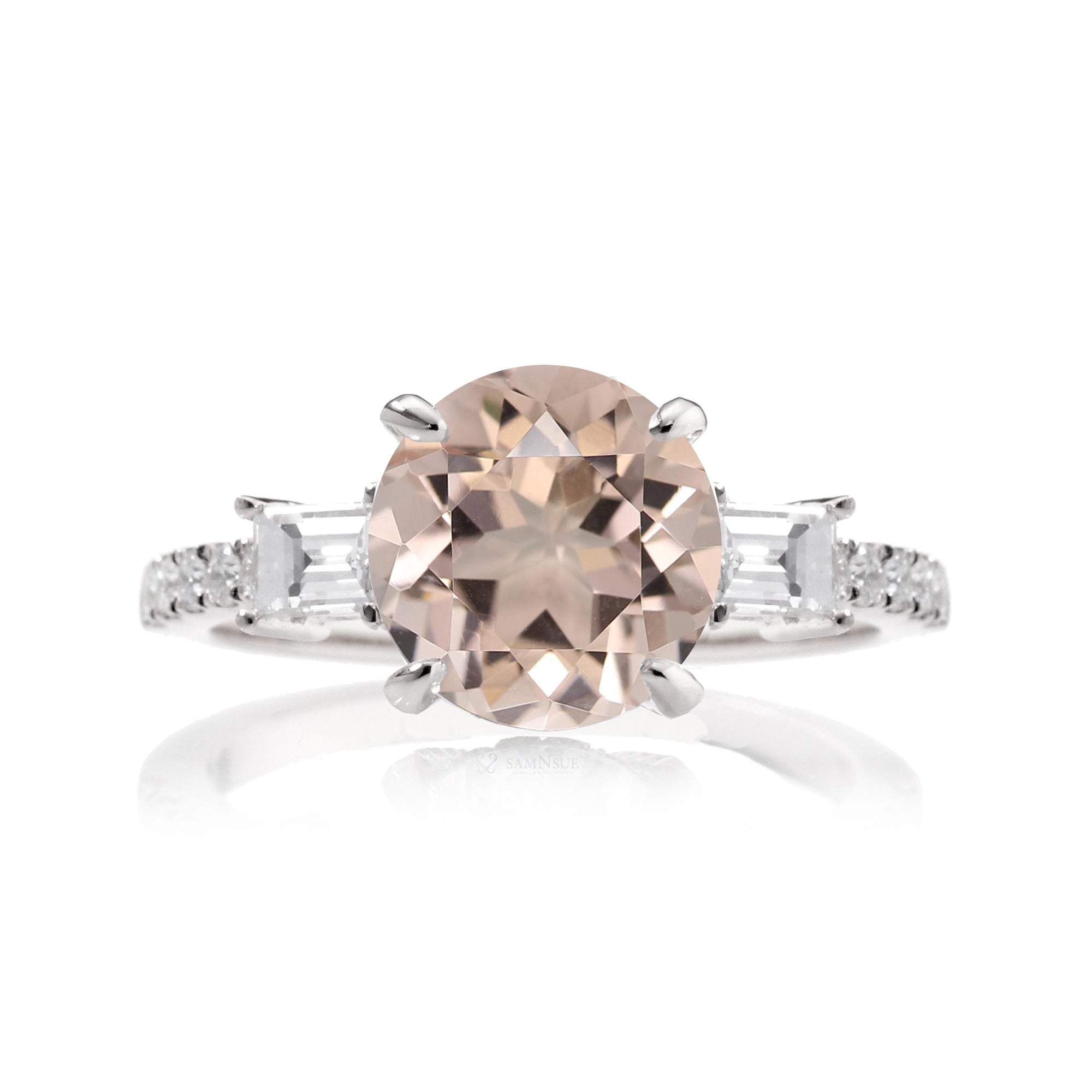 Morganite three stone baguette diamond engagement ring white gold