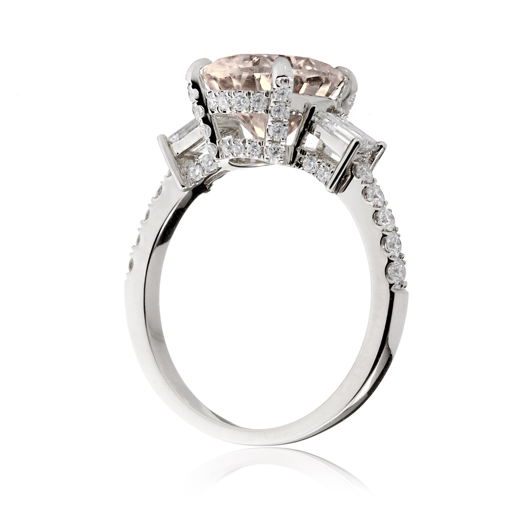 Morganite three stone baguette diamond engagement ring white gold