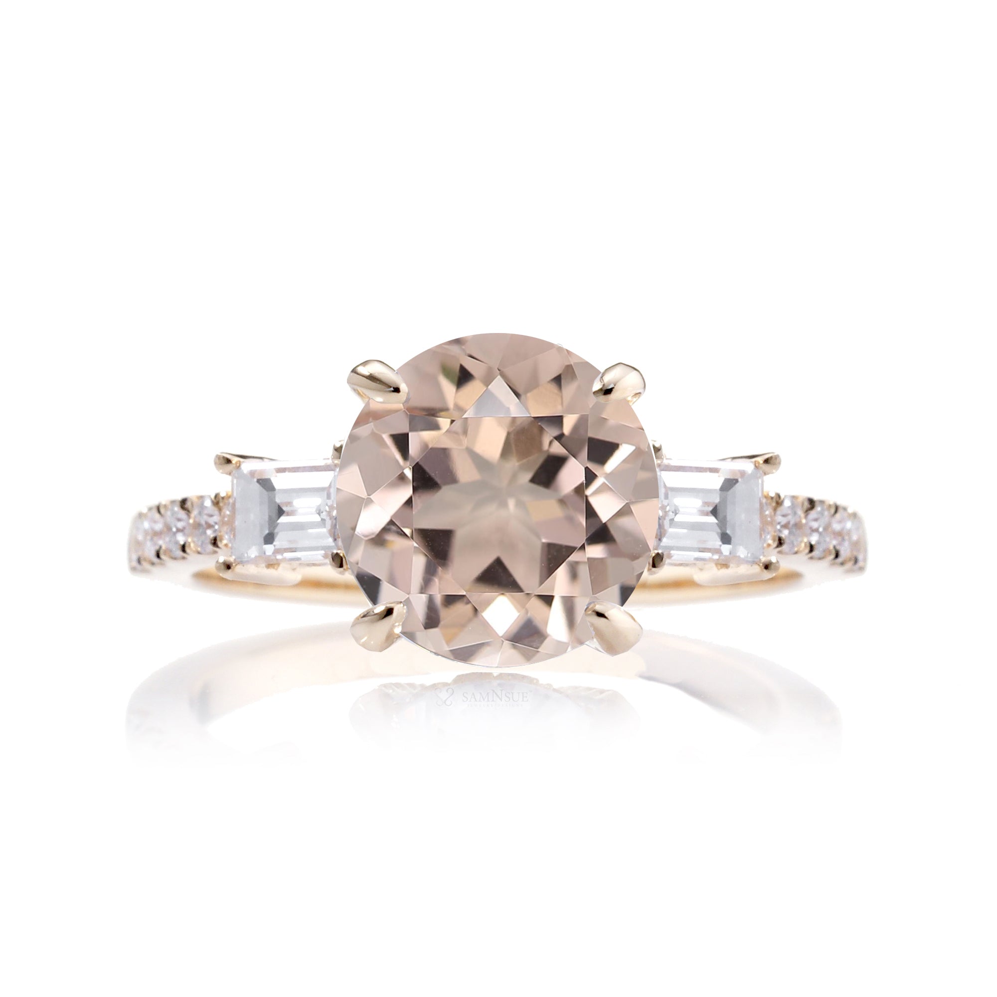 Morganite three stone baguette diamond engagement ring yellow gold