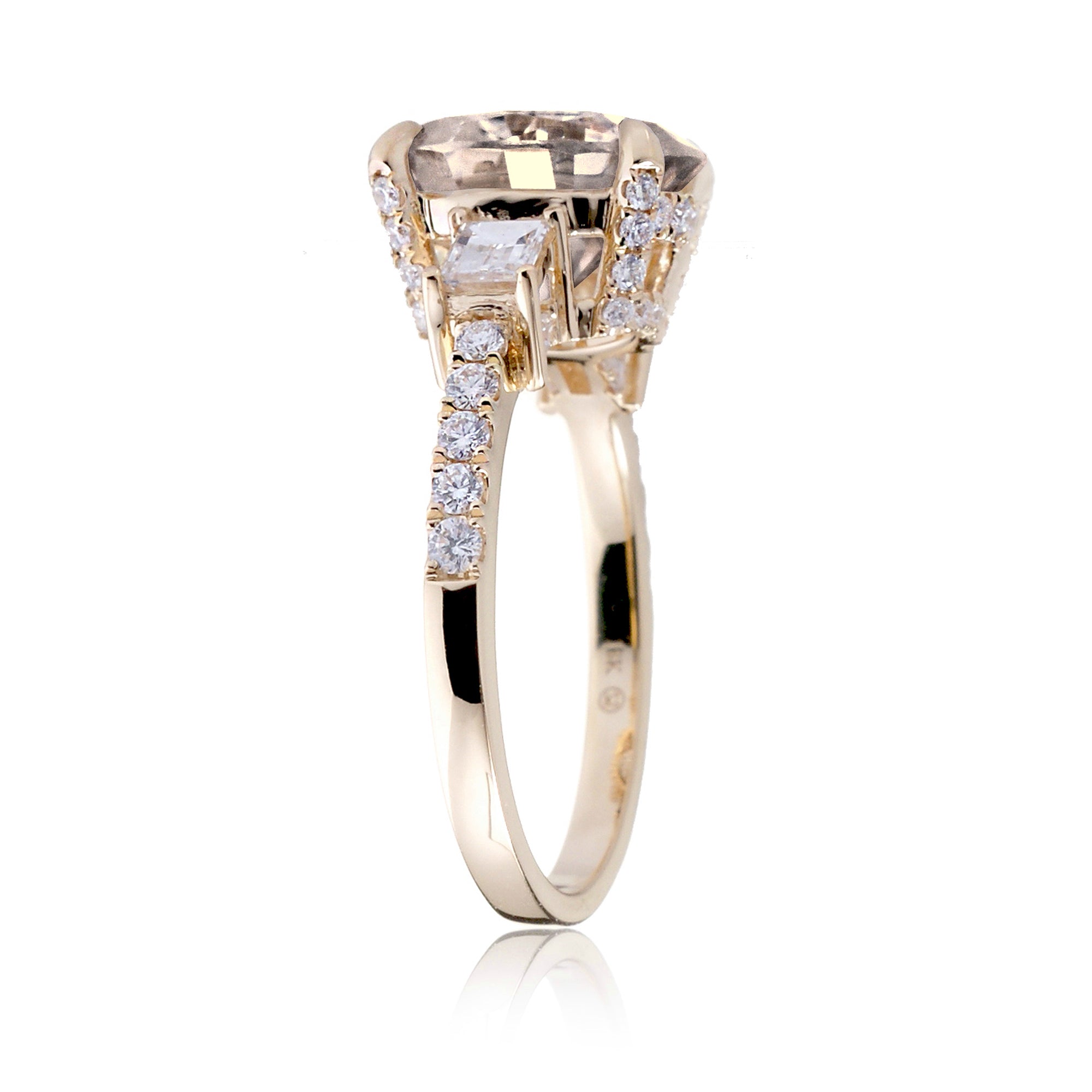 Morganite three stone baguette diamond engagement ring yellow gold