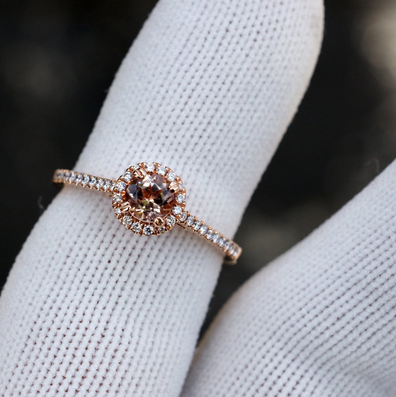 Round morganite 5mm diamond halo engagement ring in rose gold