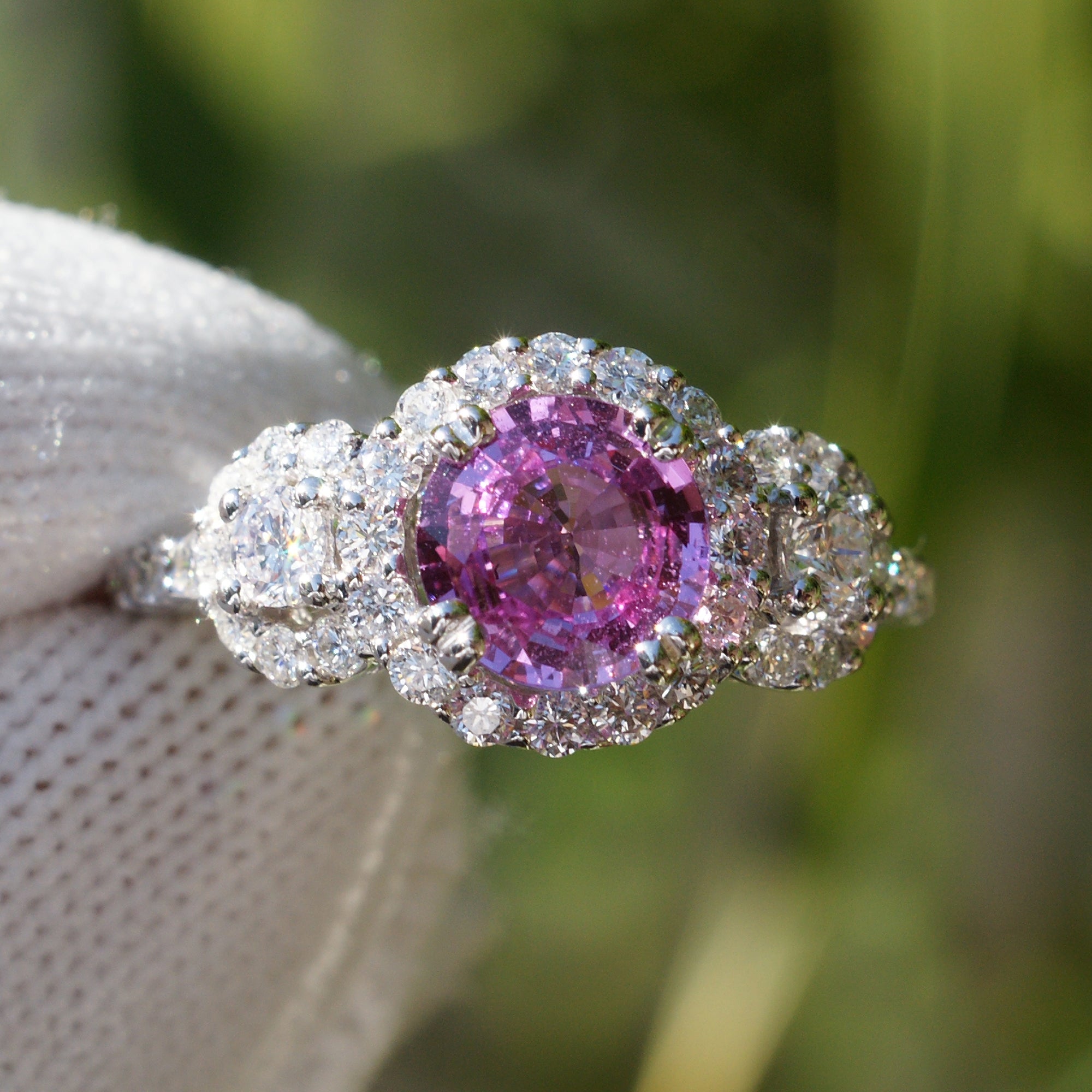 Pink sapphire three stone diamond halo engagement anniversary ring in white gold