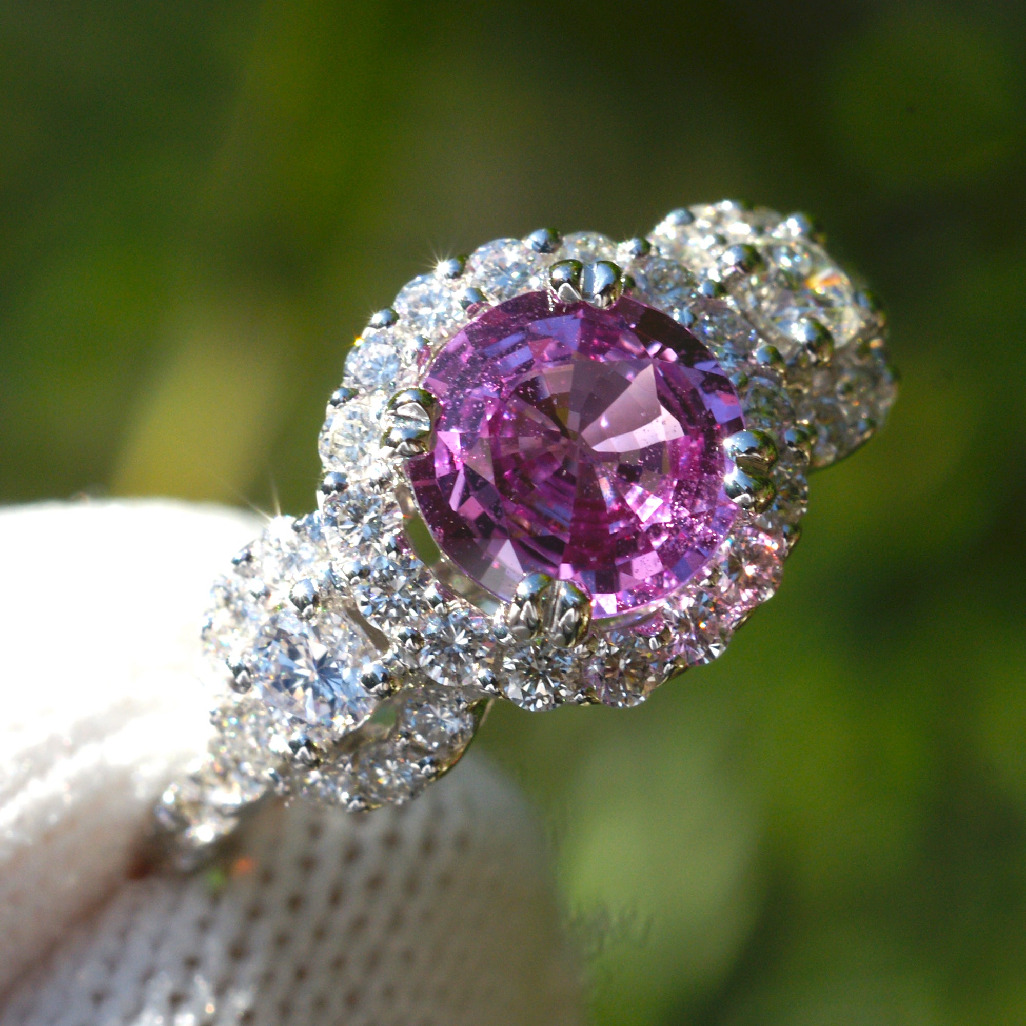 Pink sapphire three stone diamond halo engagement anniversary ring in white gold