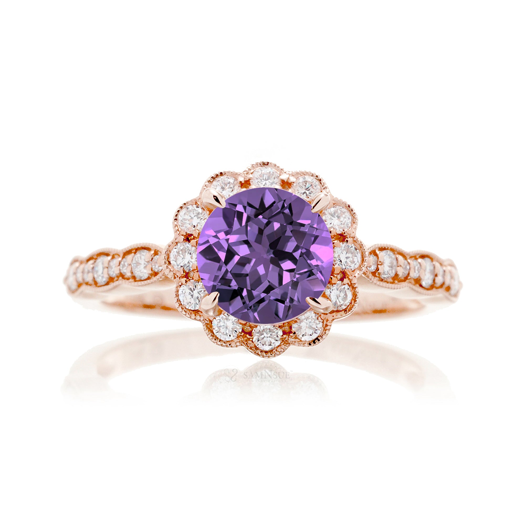 Lab-grown purple sapphire ring with round scallop halo and filigree rose gold band