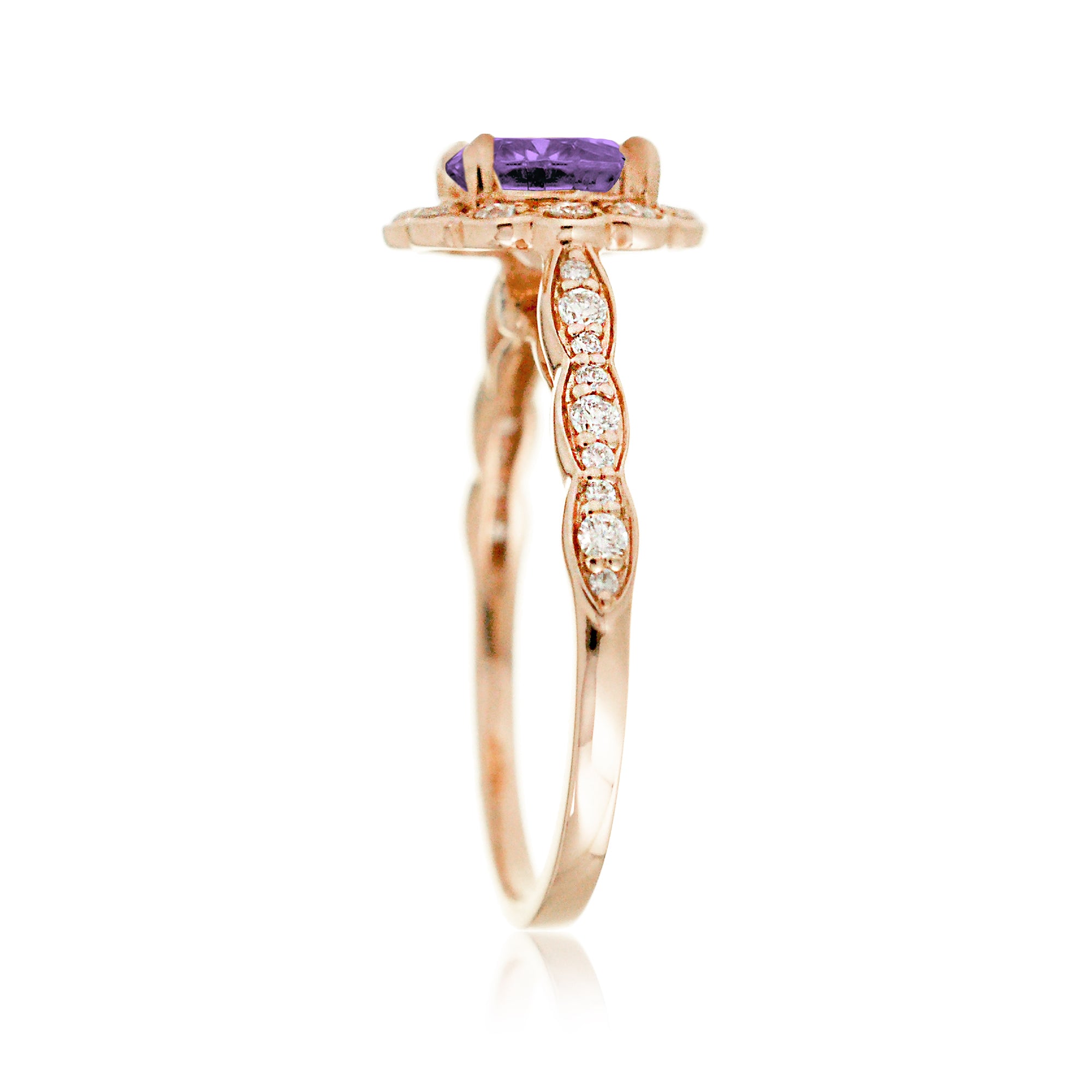 Lab-grown purple sapphire ring with round scallop halo and filigree rose gold band