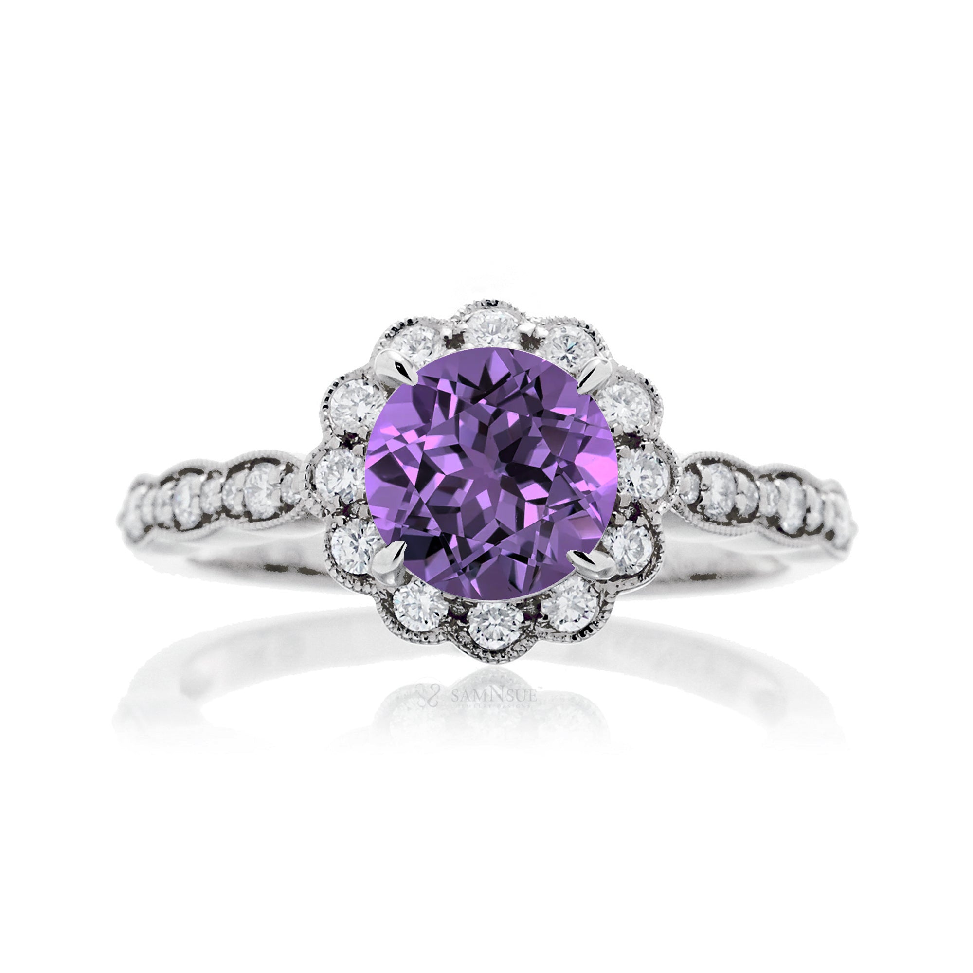 Lab-grown purple sapphire ring with round scallop halo and filigree white gold band