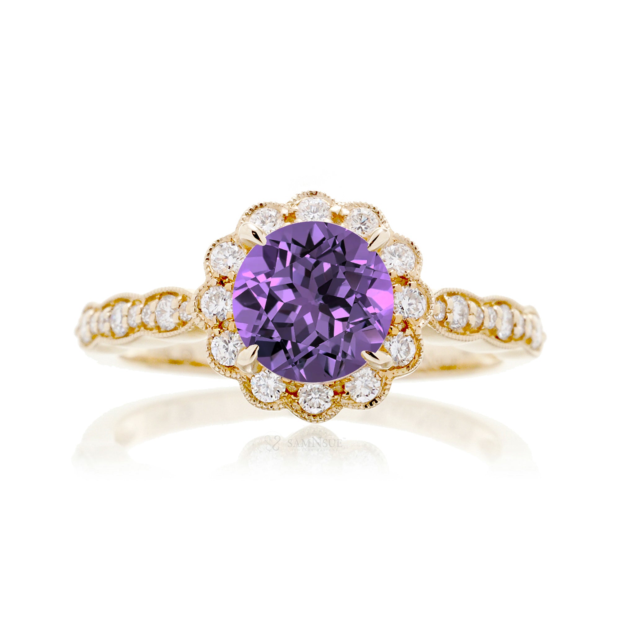 Lab-grown purple sapphire ring with round scallop halo and filigree yellow gold band