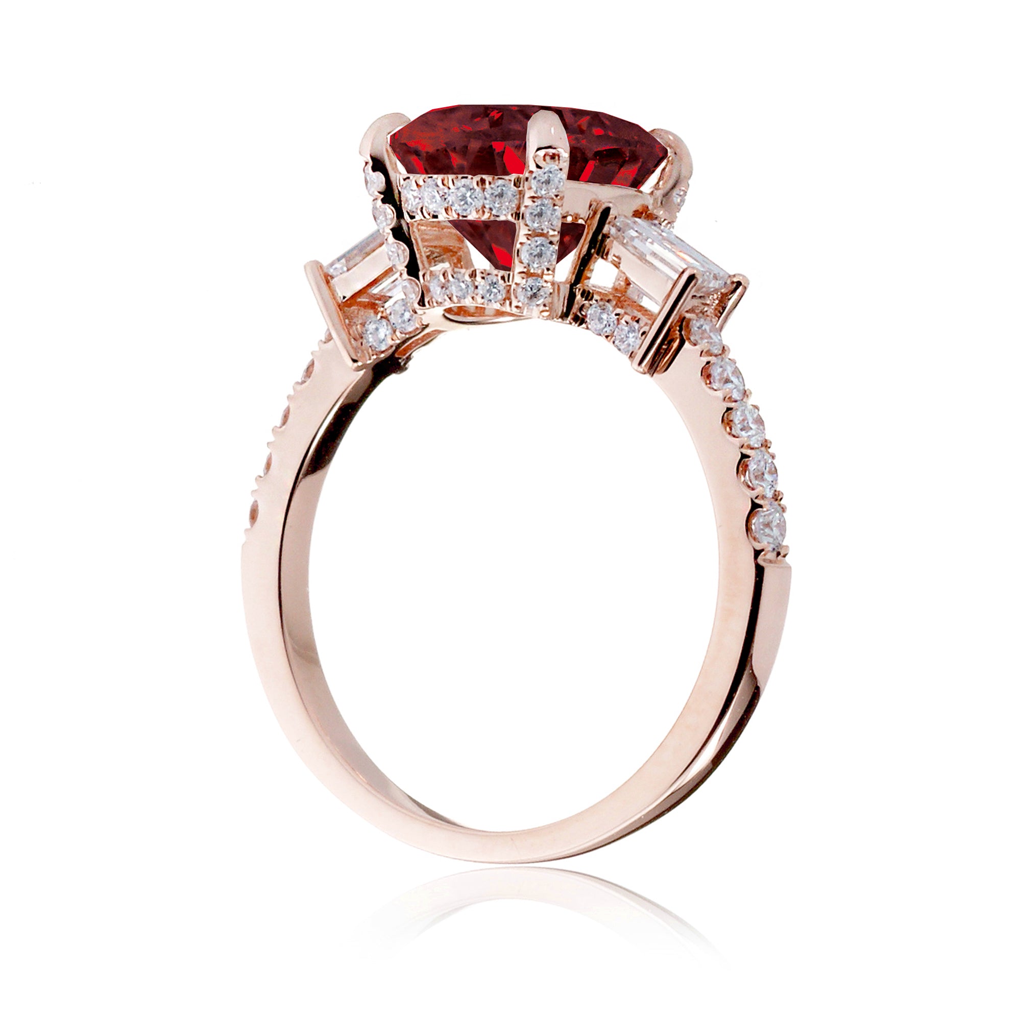 Round ruby engagement ring baguette three stone rose gold