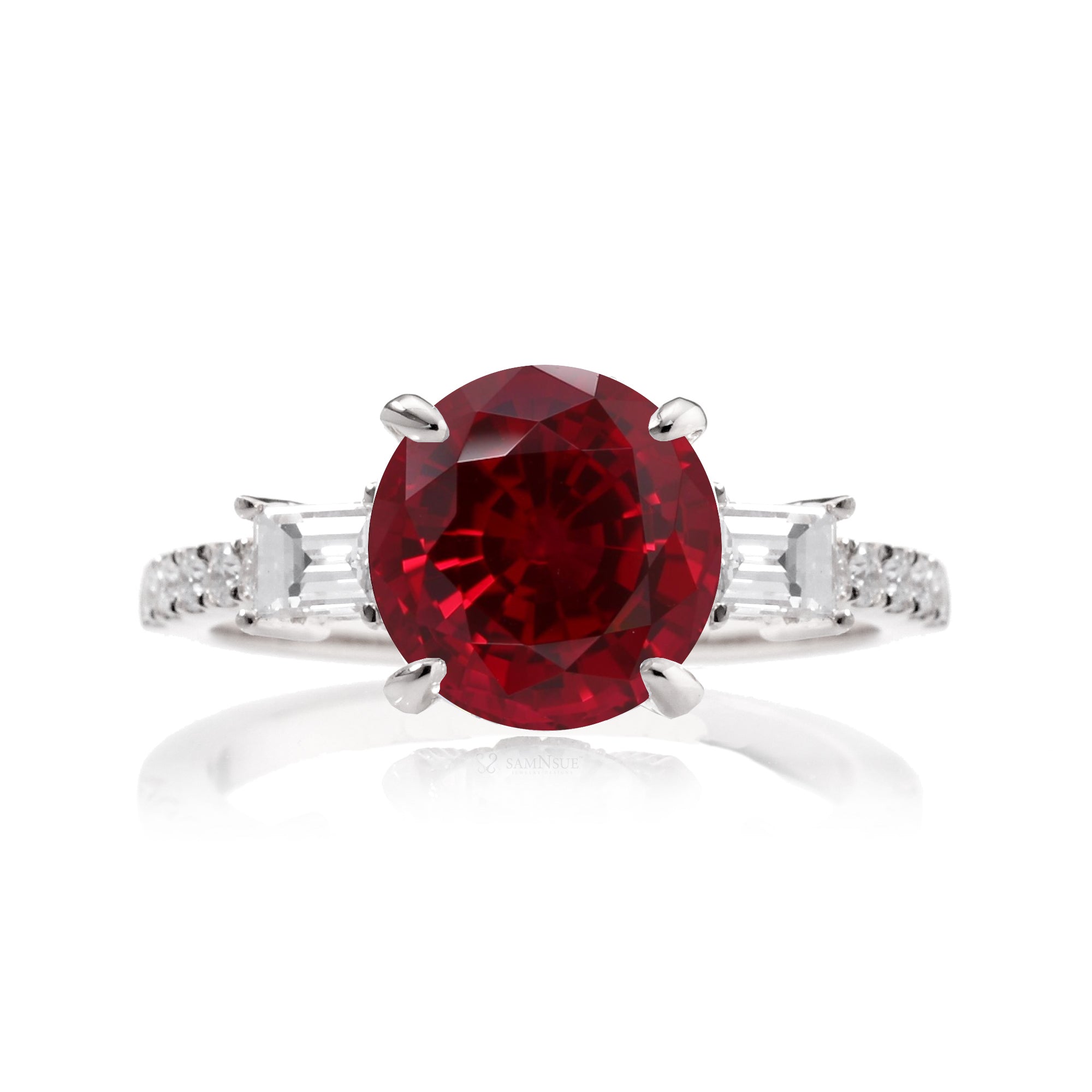 Round ruby engagement ring baguette three stone white gold