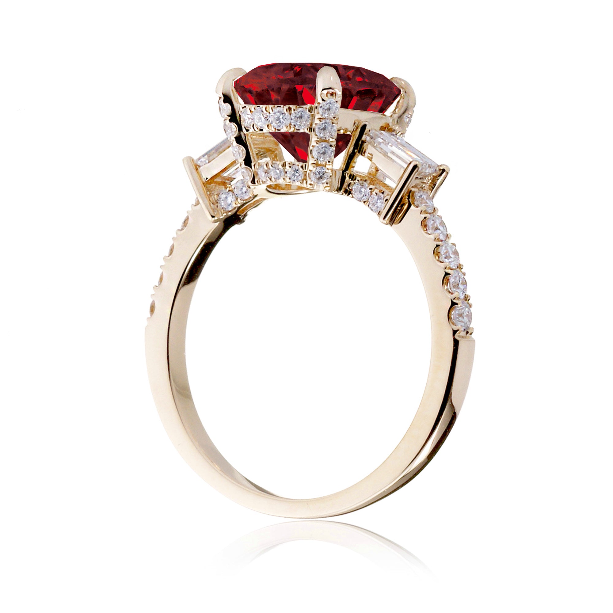 Round ruby engagement ring baguette three stone yellow gold