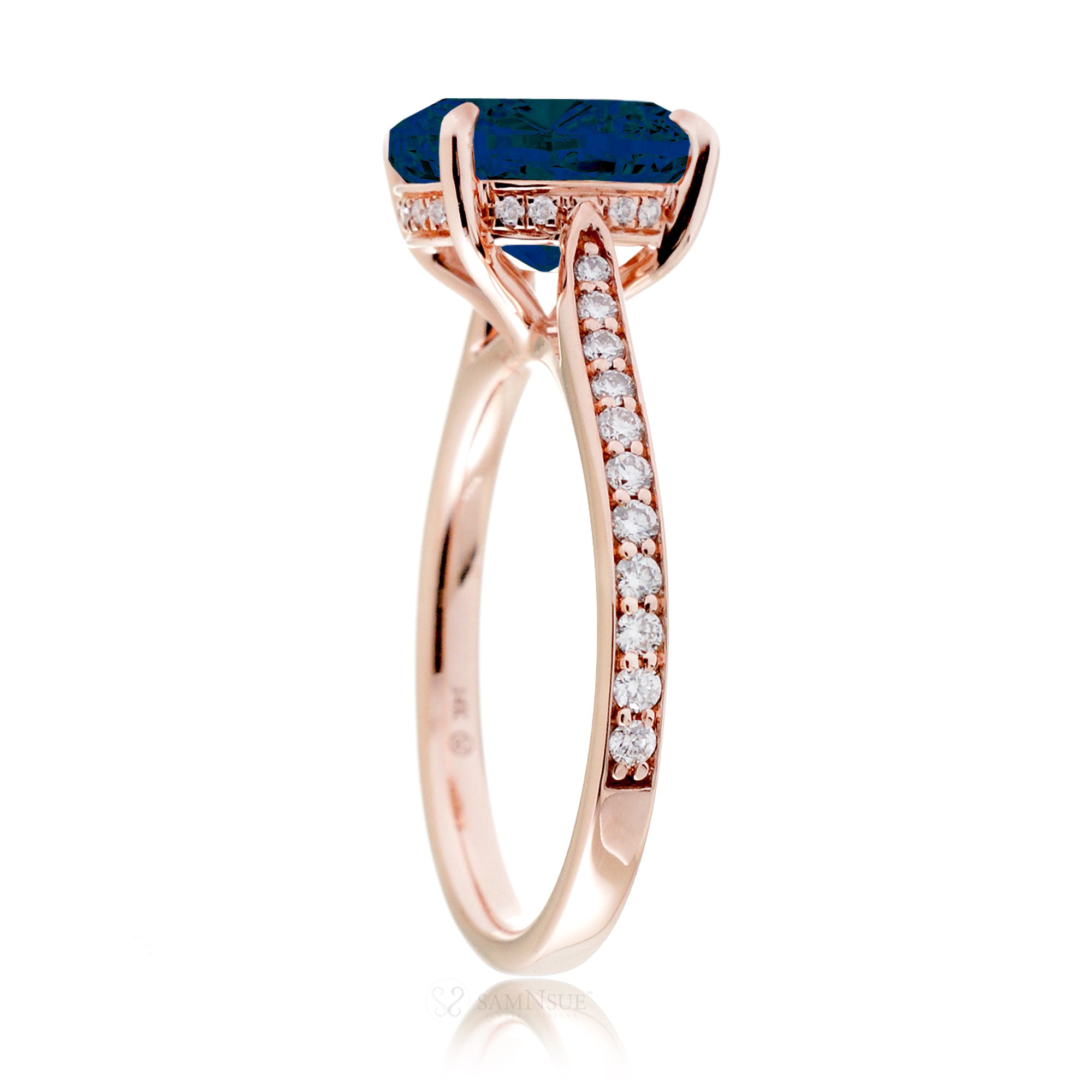 Round blue sapphire engagement ring with diamonds on the band and hidden halo - the Emily rose gold
