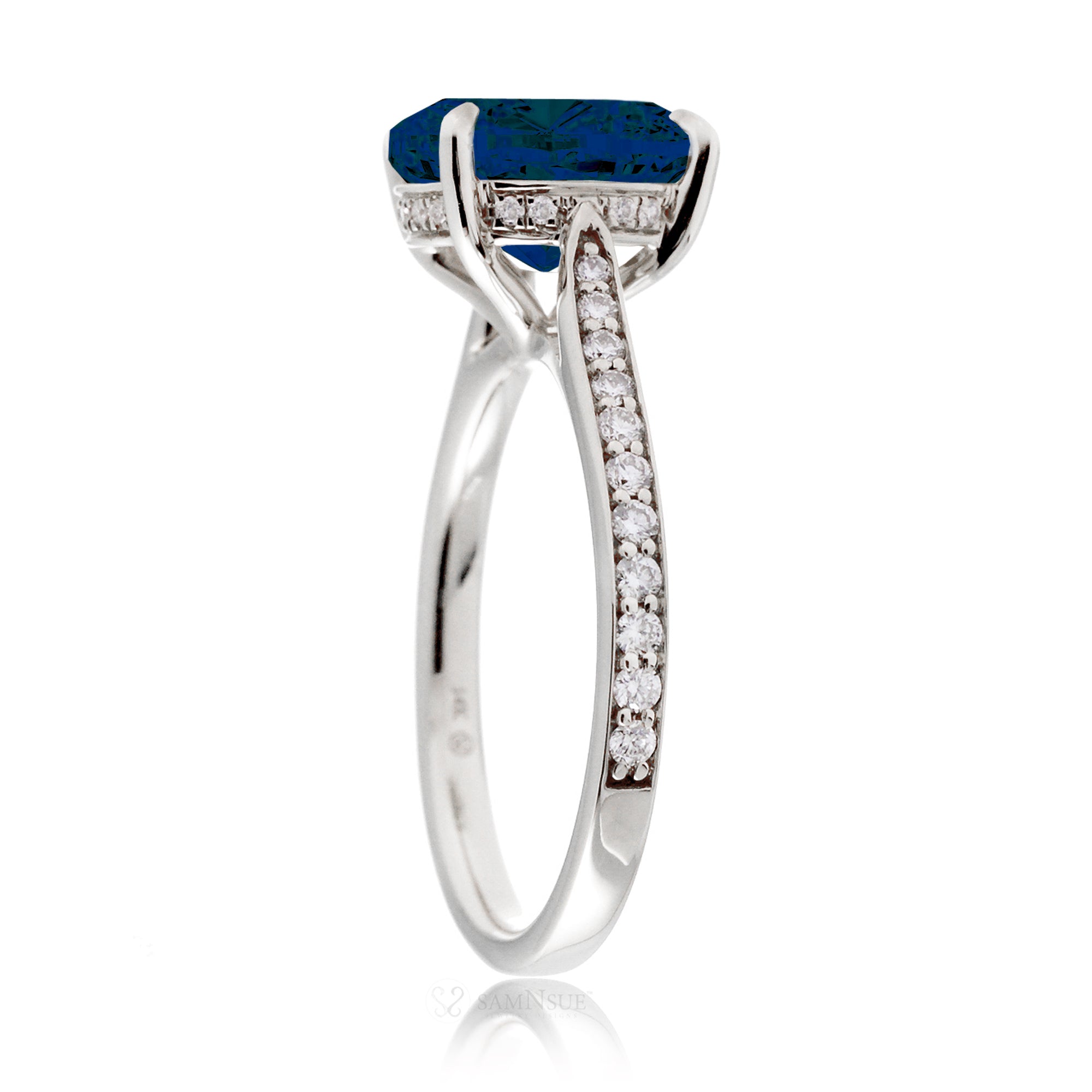Round blue sapphire engagement ring with diamonds on the band and hidden halo - the Emily white gold