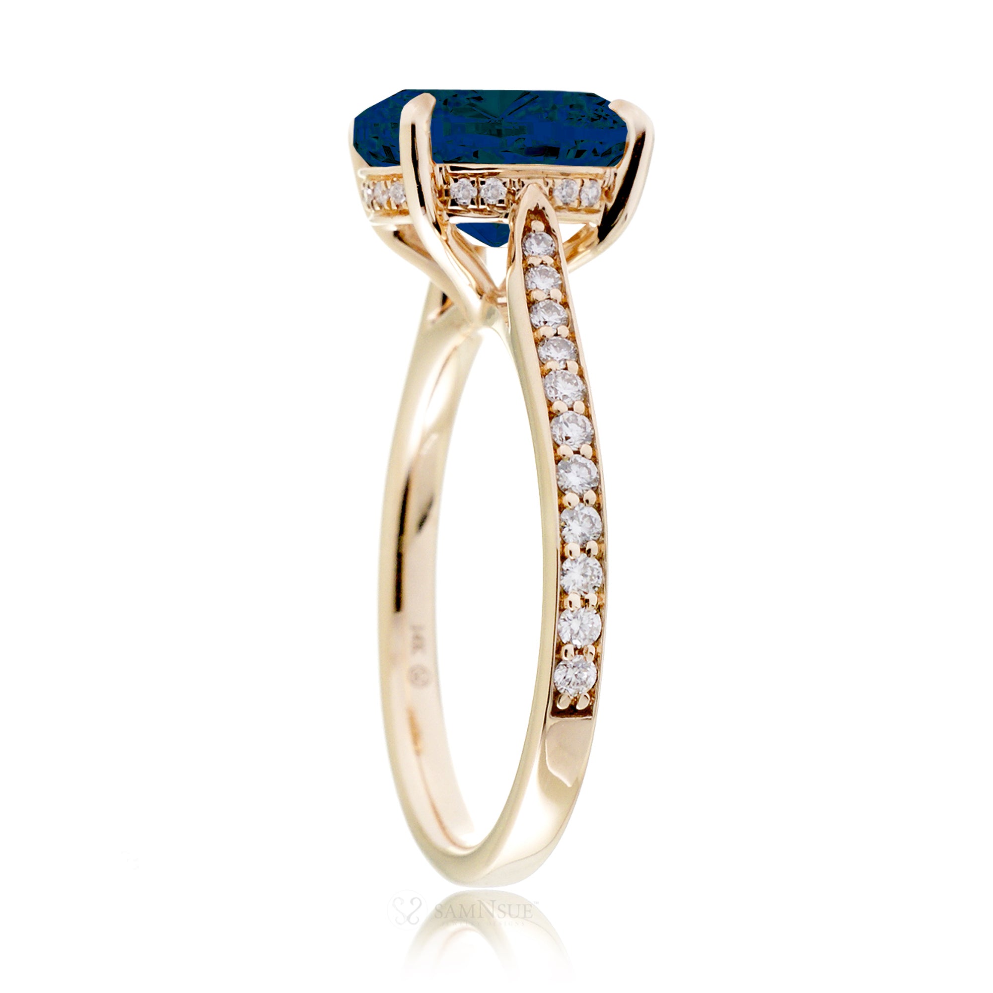 Round blue sapphire engagement ring with diamonds on the band and hidden halo - the Emily yellow gold