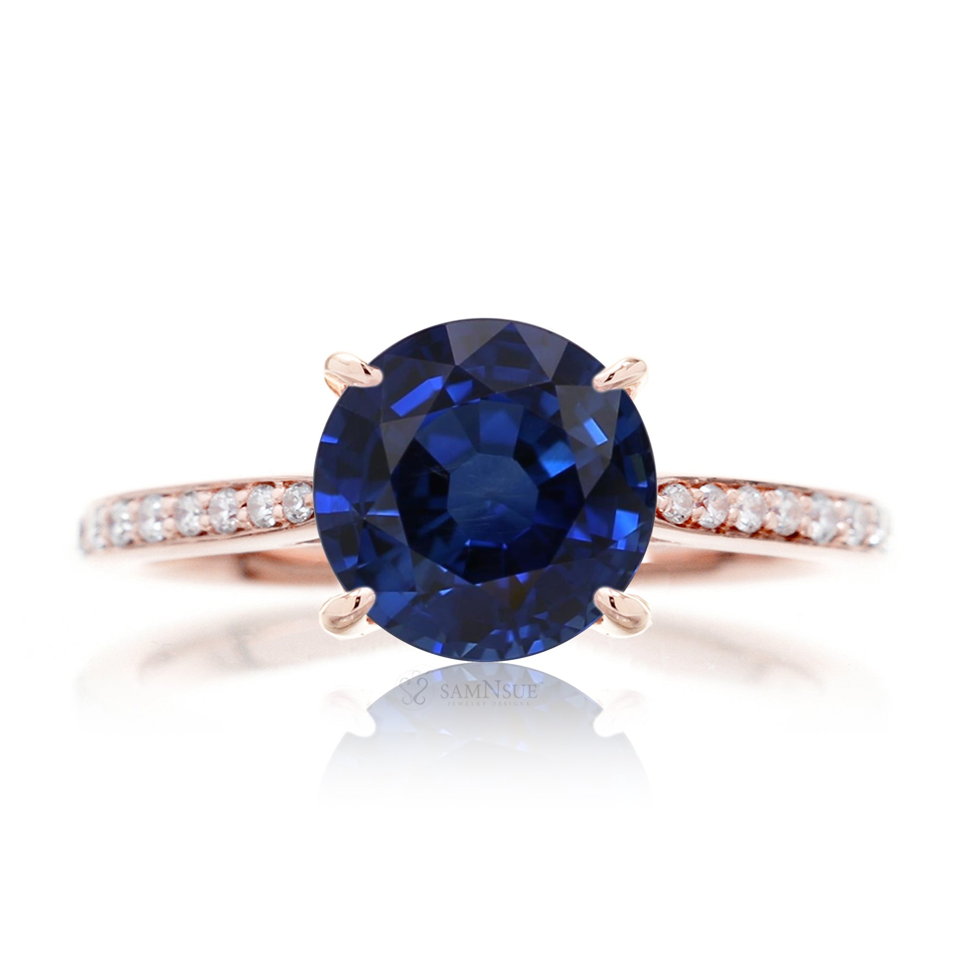 Round blue sapphire engagement ring with diamonds on the band - the Emily rose gold