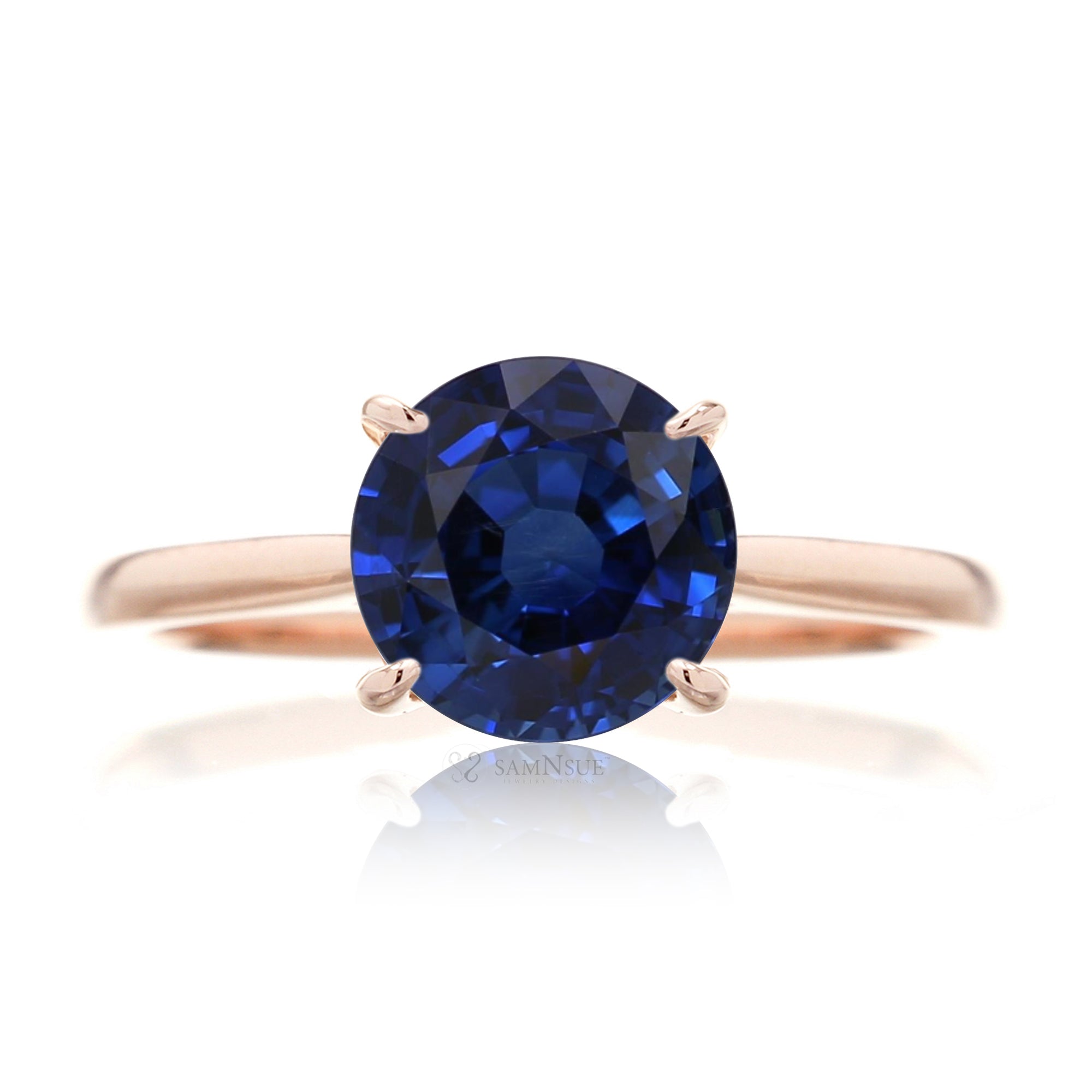 Round blue sapphire engagement ring with a solid band - the Emily rose gold