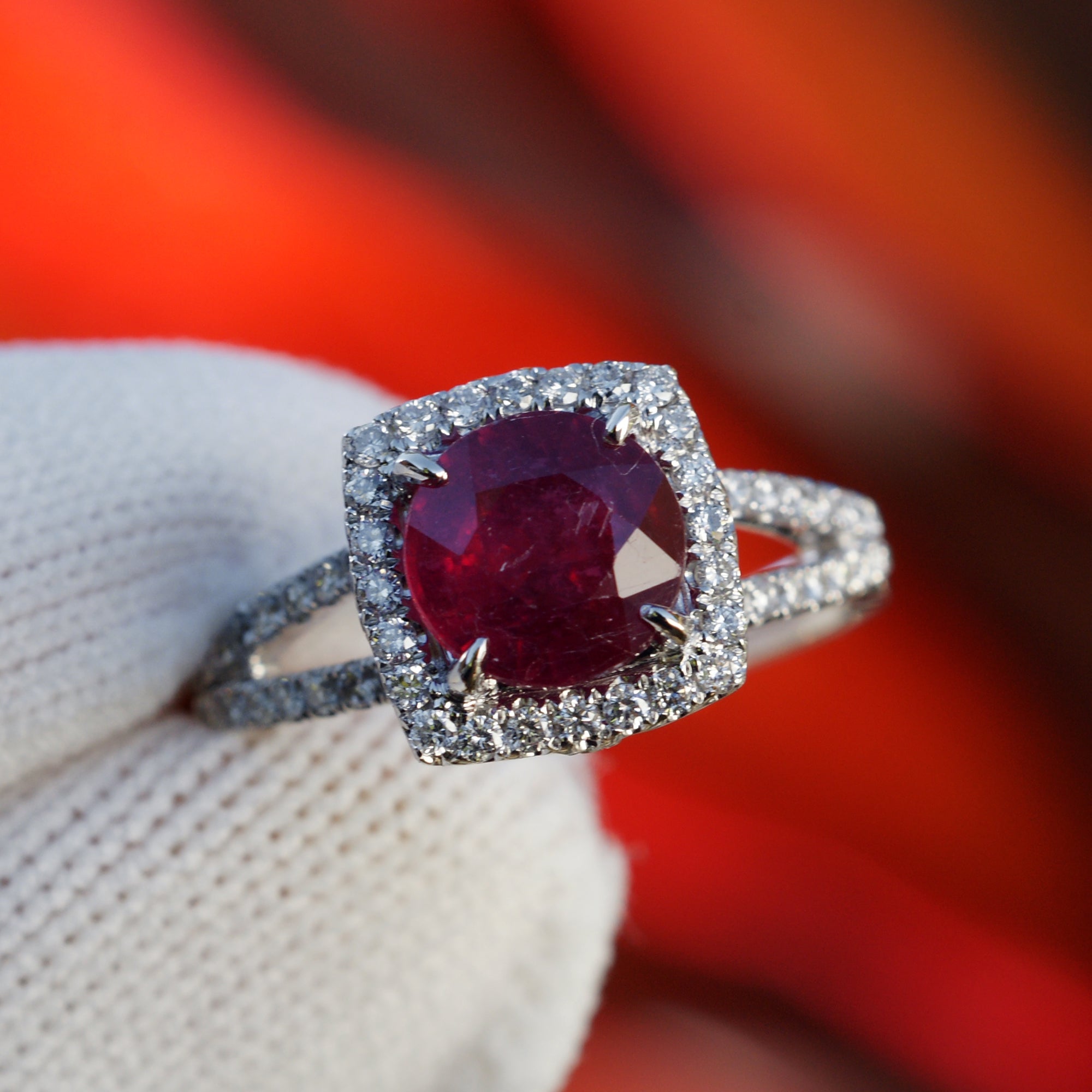 Natural round ruby diamond halo engagement ring split band -the Alma