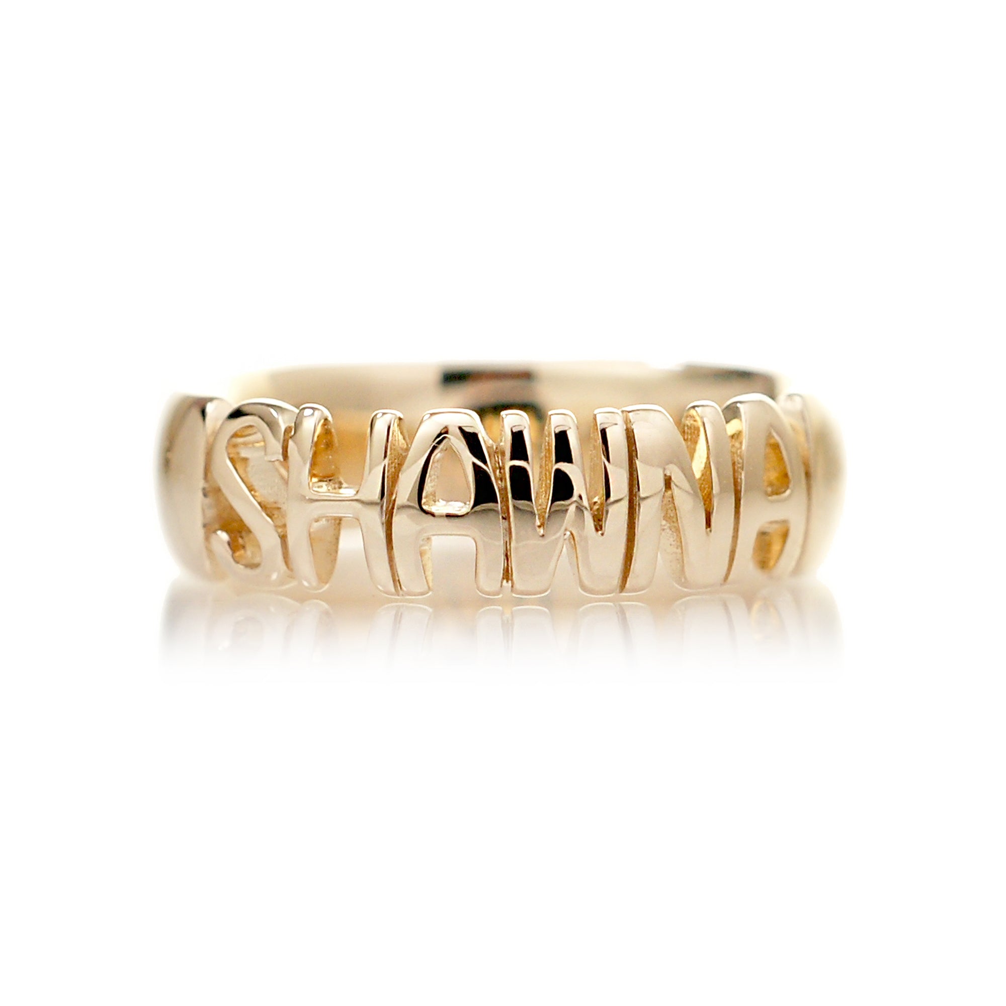 Namesake ring customize name on a band yellow gold