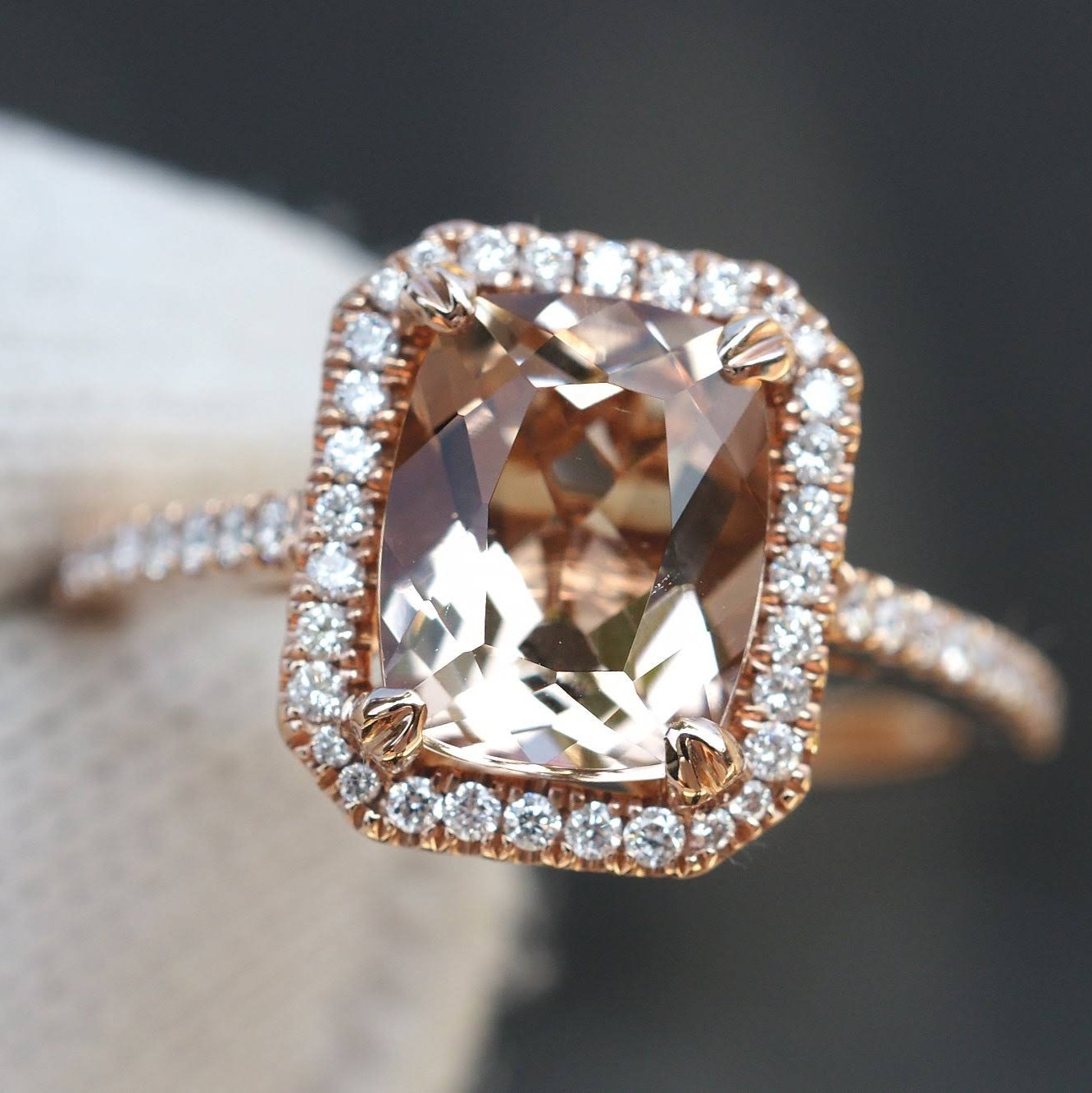 Cushion morganite signature diamond halo ring in rose gold