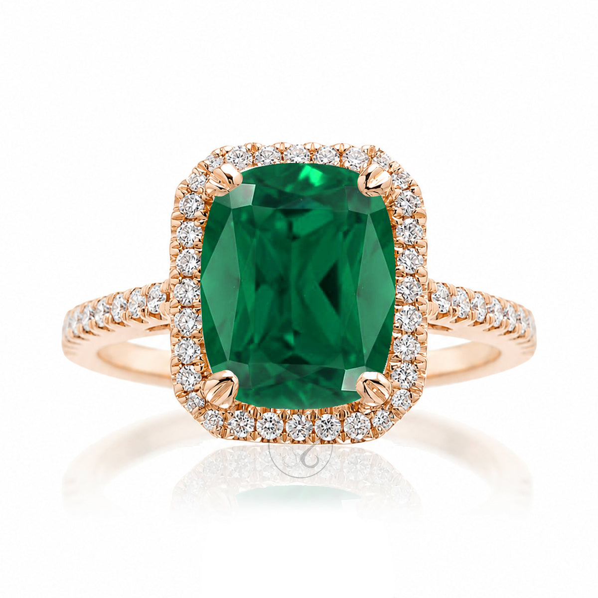 Cushion Cut green emerald diamond halo engagement ring the signature rose gold