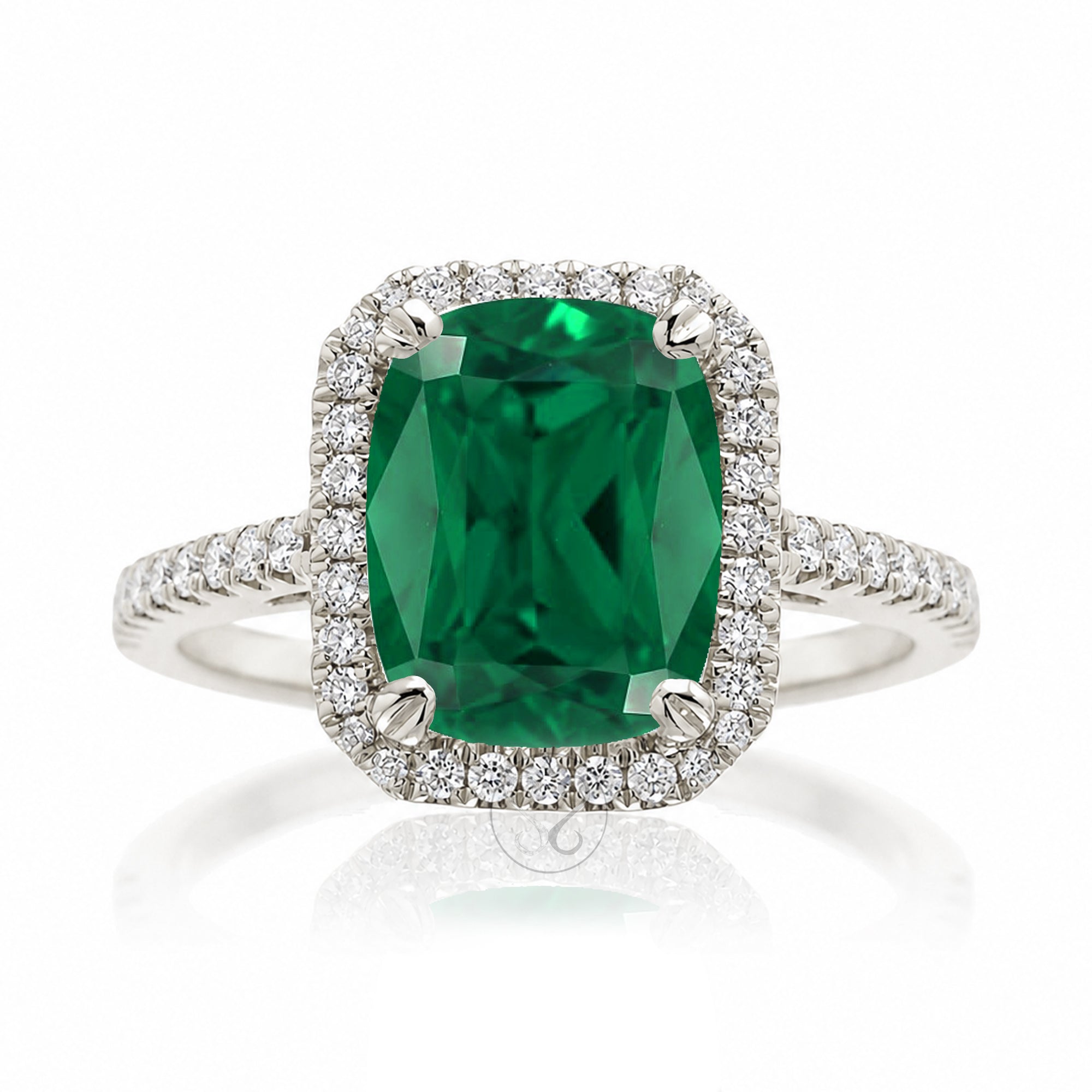 Cushion Cut green emerald diamond halo engagement ring the signature white gold