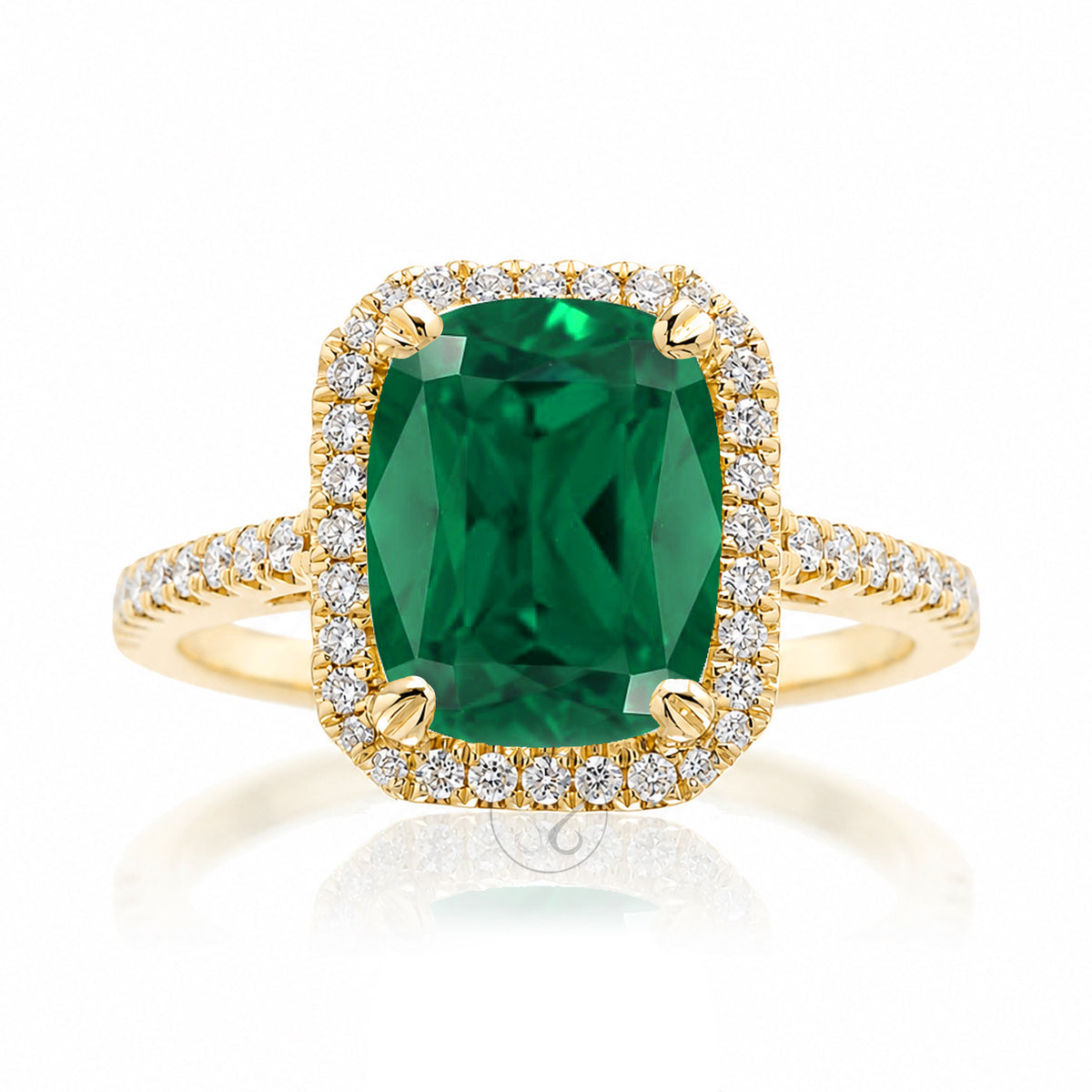 Cushion Cut green emerald diamond halo engagement ring the signature yellow gold