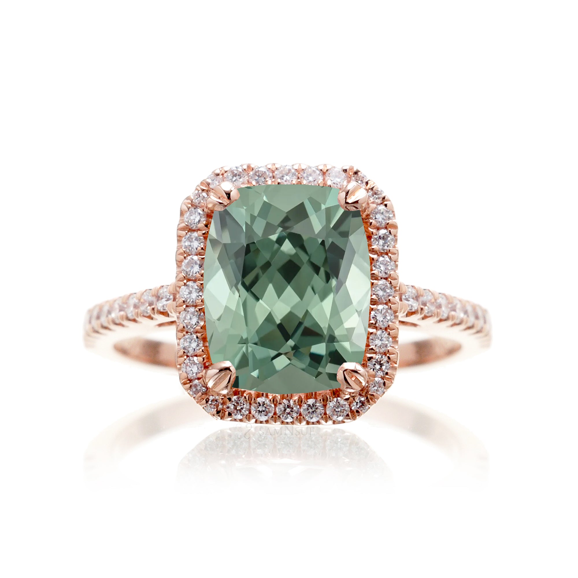 Cushion cut green sapphire engagement ring The signature diamond halo in rose gold