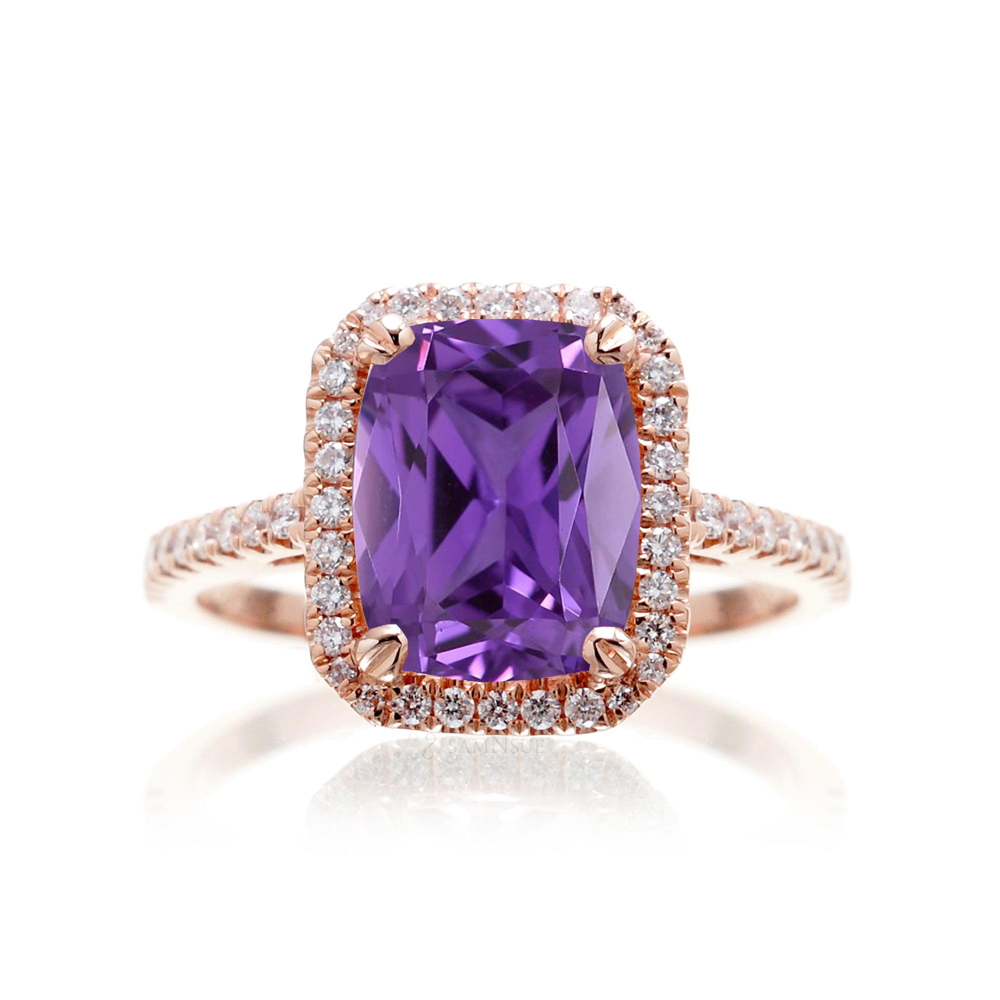Cushion Cut purple sapphire amethyst diamond halo engagement ring the signature rose gold
