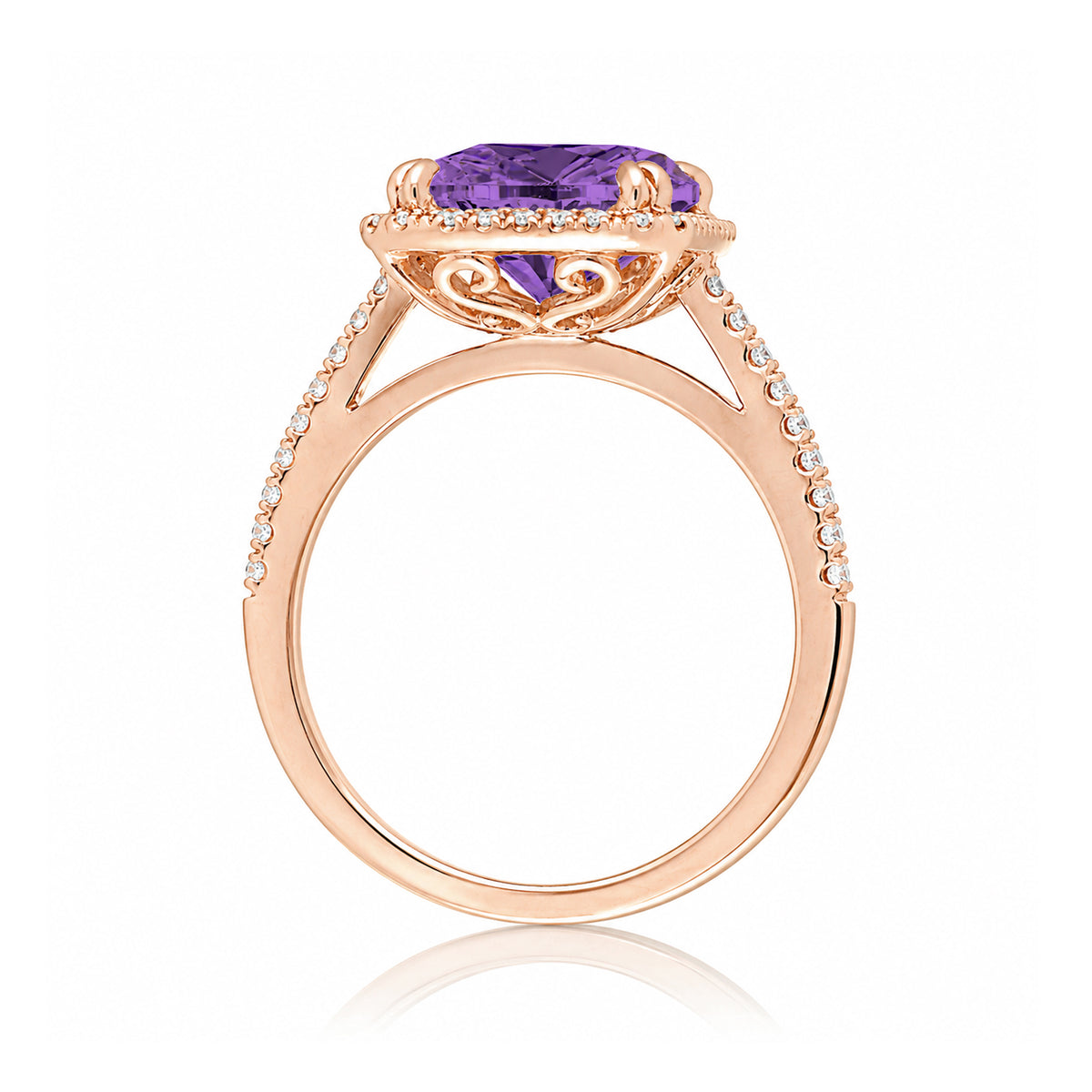 Cushion Cut purple sapphire amethyst diamond halo engagement ring the signature rose gold side view