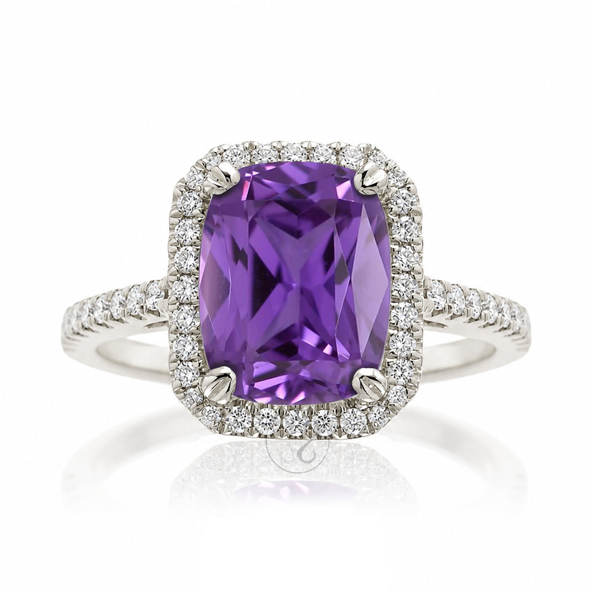 Cushion Cut purple sapphire amethyst diamond halo engagement ring the signature white gold