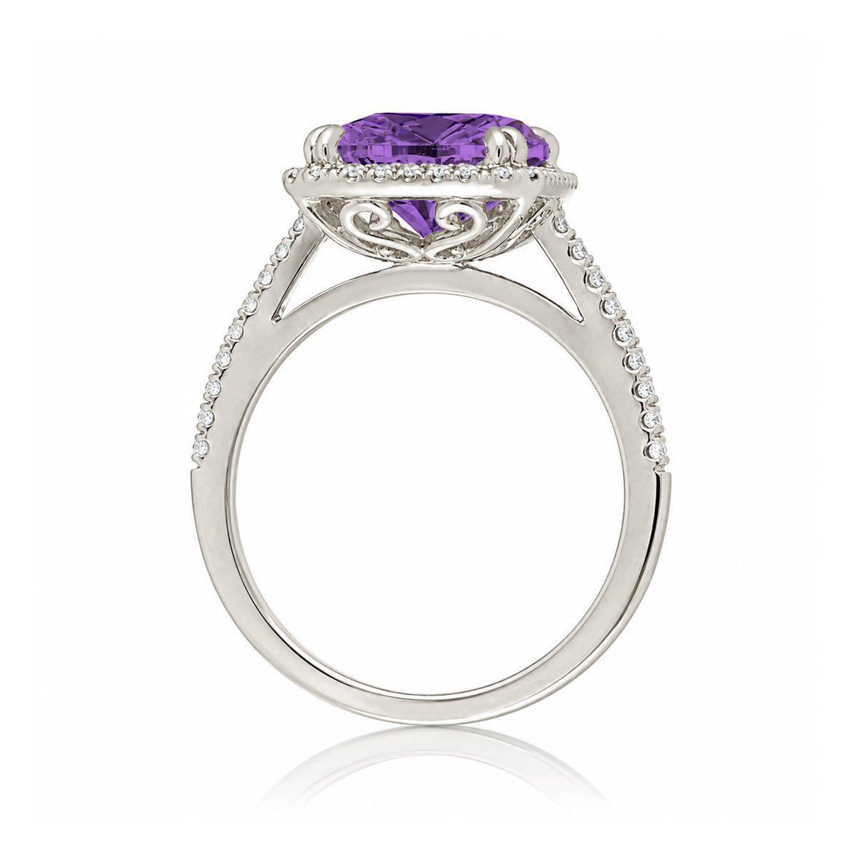 Cushion Cut purple sapphire amethyst diamond halo engagement ring the signature white gold side view