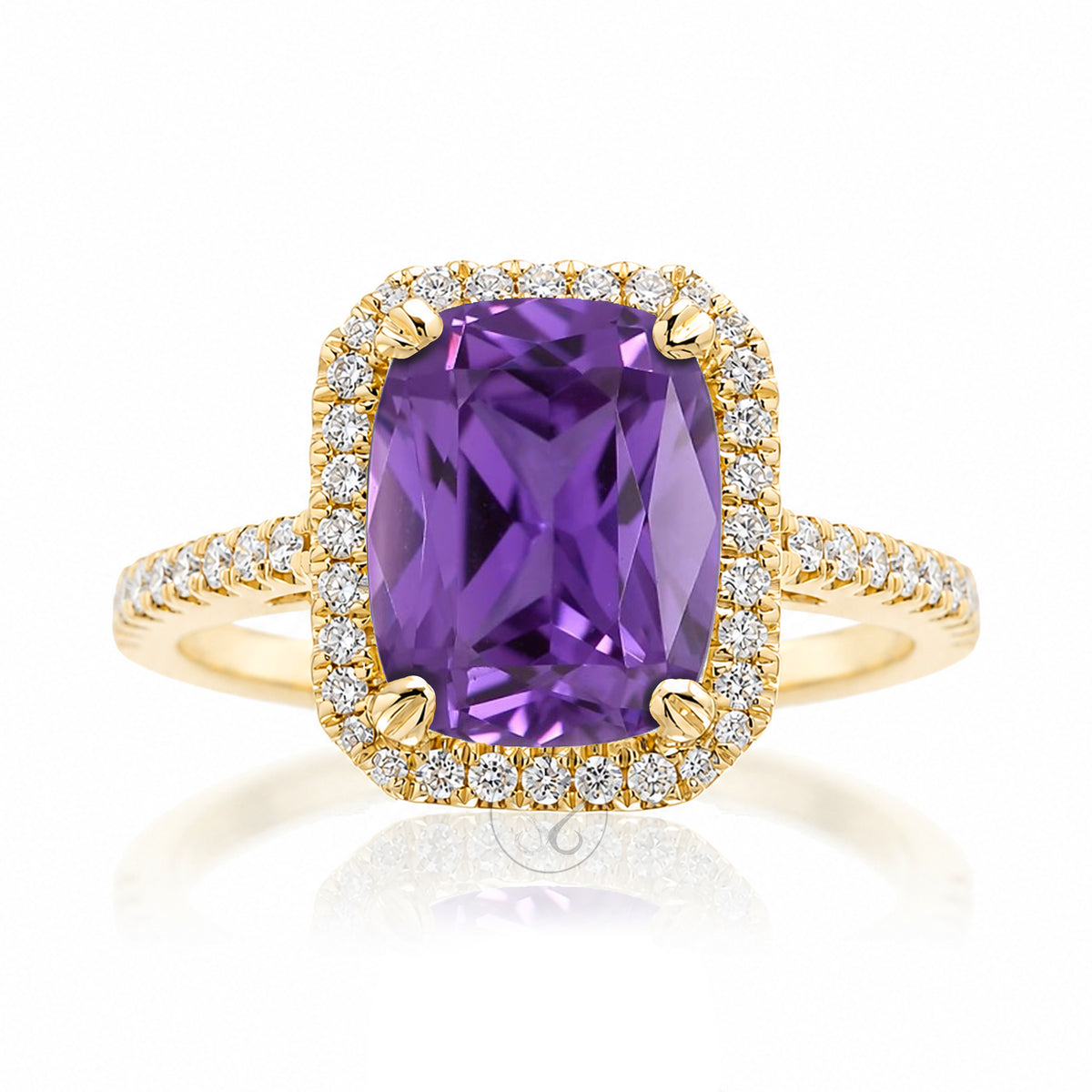 Cushion Cut purple sapphire amethyst diamond halo engagement ring the signature yellow gold