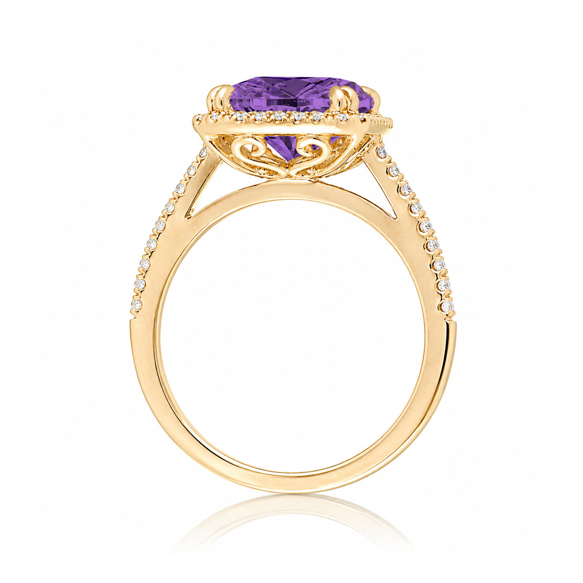 Cushion Cut purple sapphire amethyst diamond halo engagement ring the signature yellow gold side view