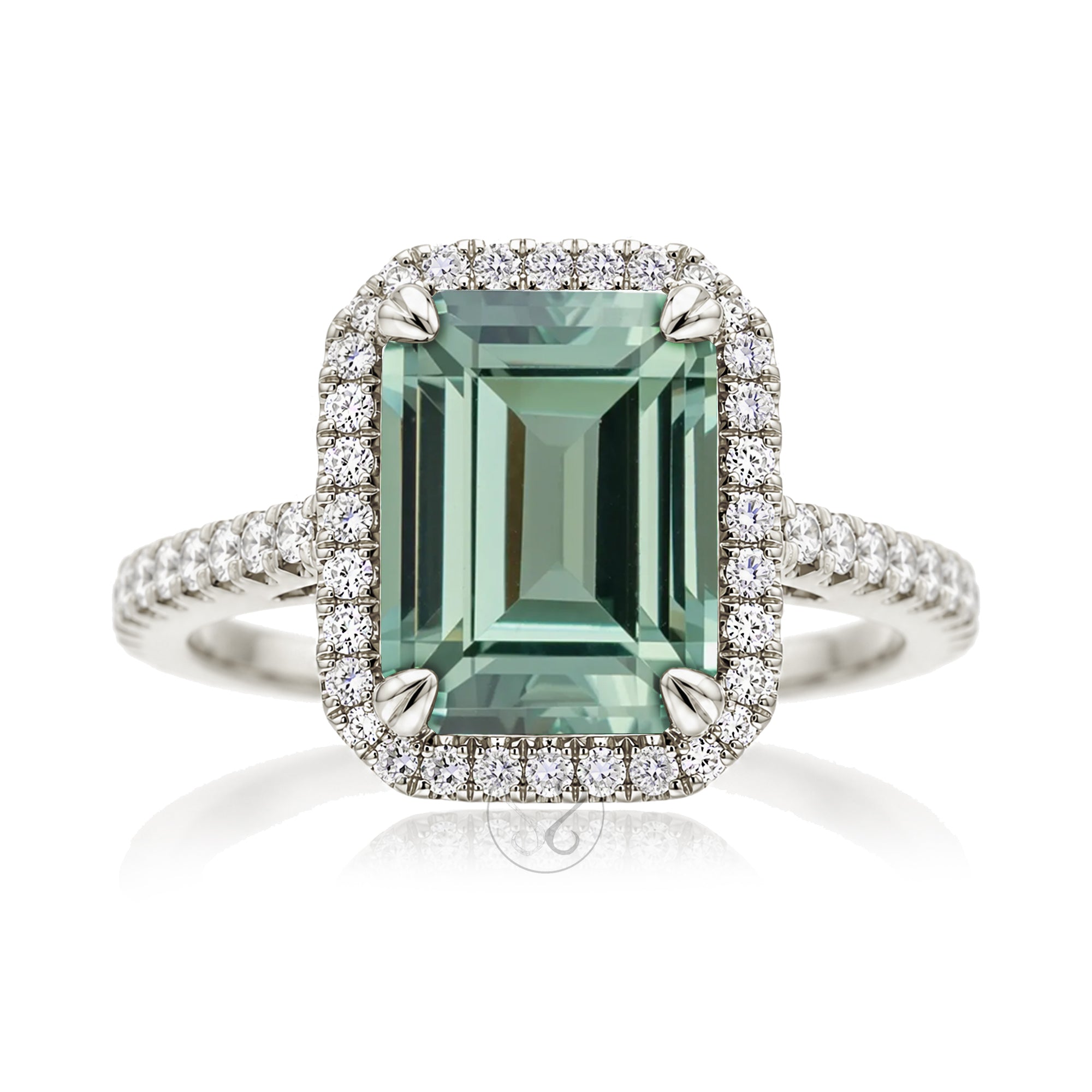 Emerald cut green sapphire diamond halo and square band cathedral setting white gold
